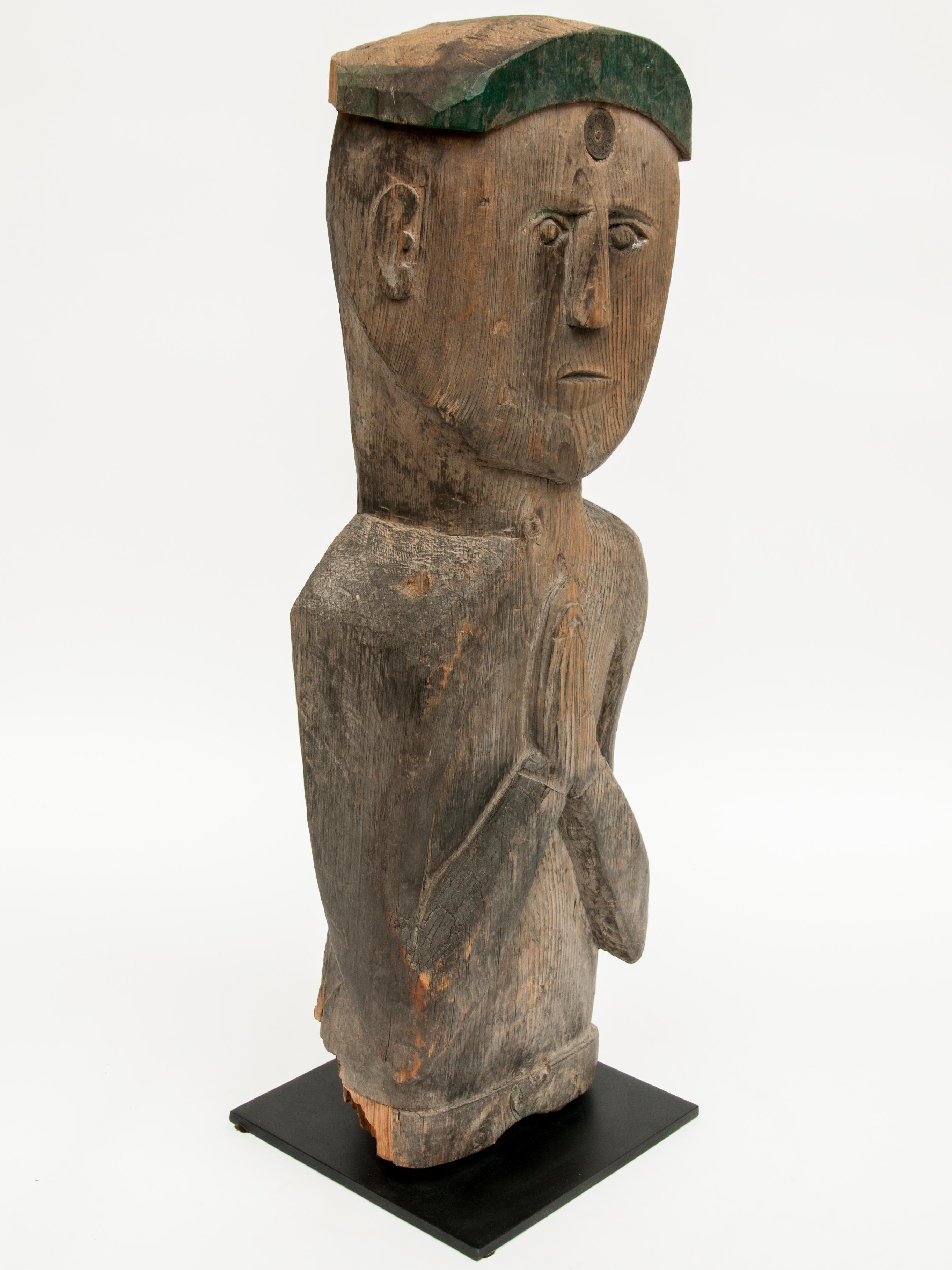 Old Wooden Tribal Statue from West Nepal, Mid-20th Century, Steel Plate Base 11