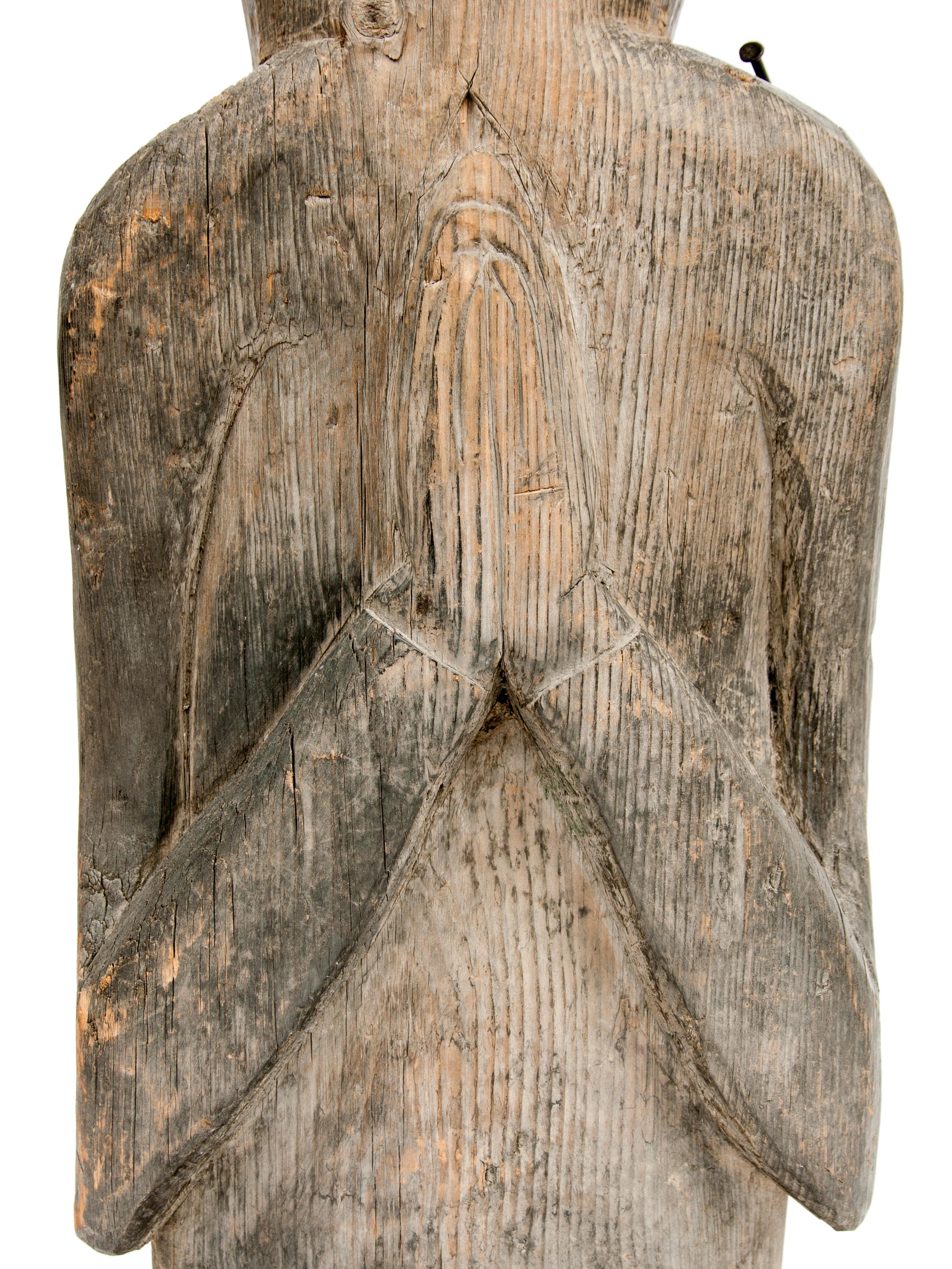 Paint Old Wooden Tribal Statue from West Nepal, Mid-20th Century, Steel Plate Base