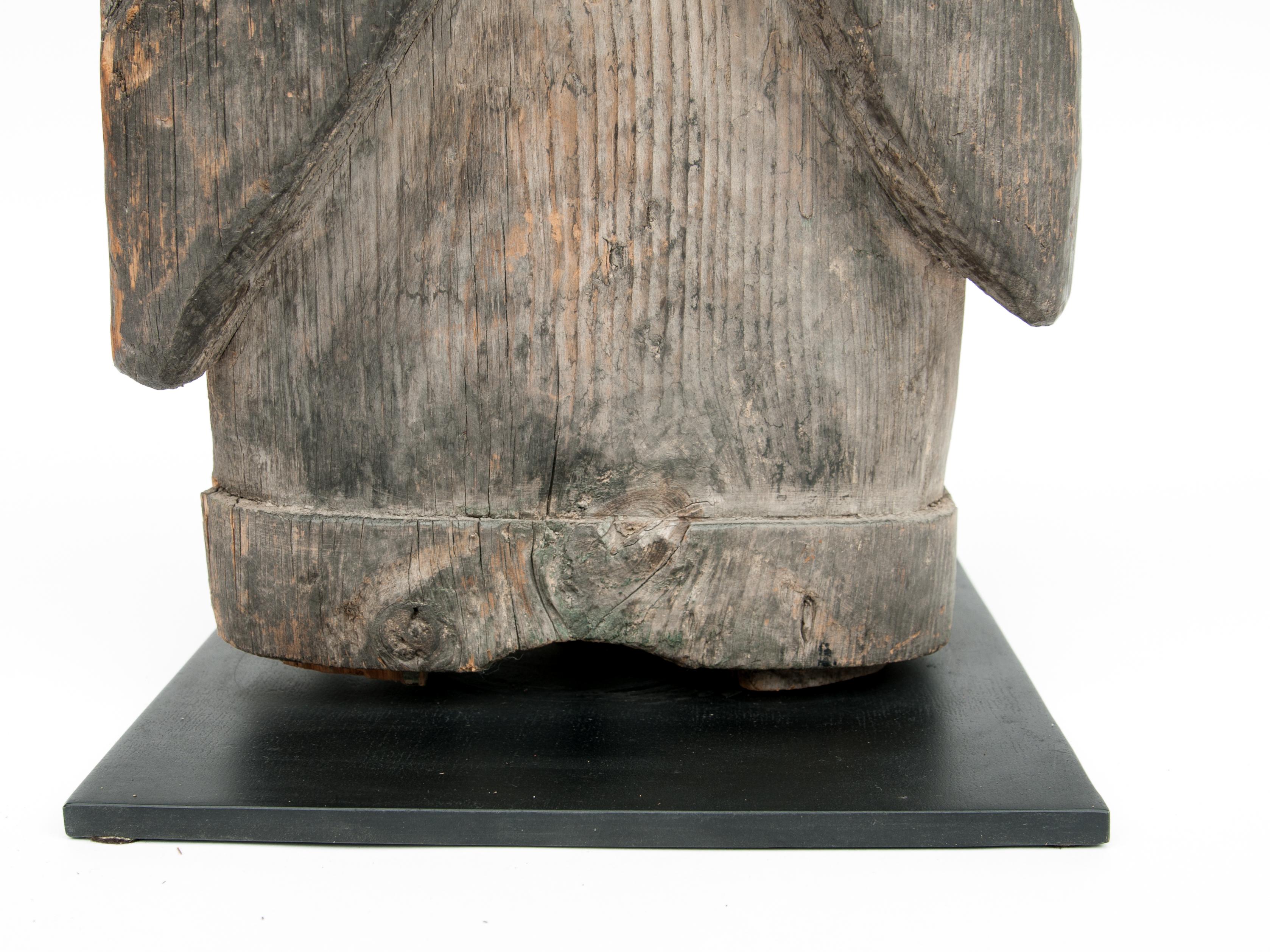 Old Wooden Tribal Statue from West Nepal, Mid-20th Century, Steel Plate Base 1