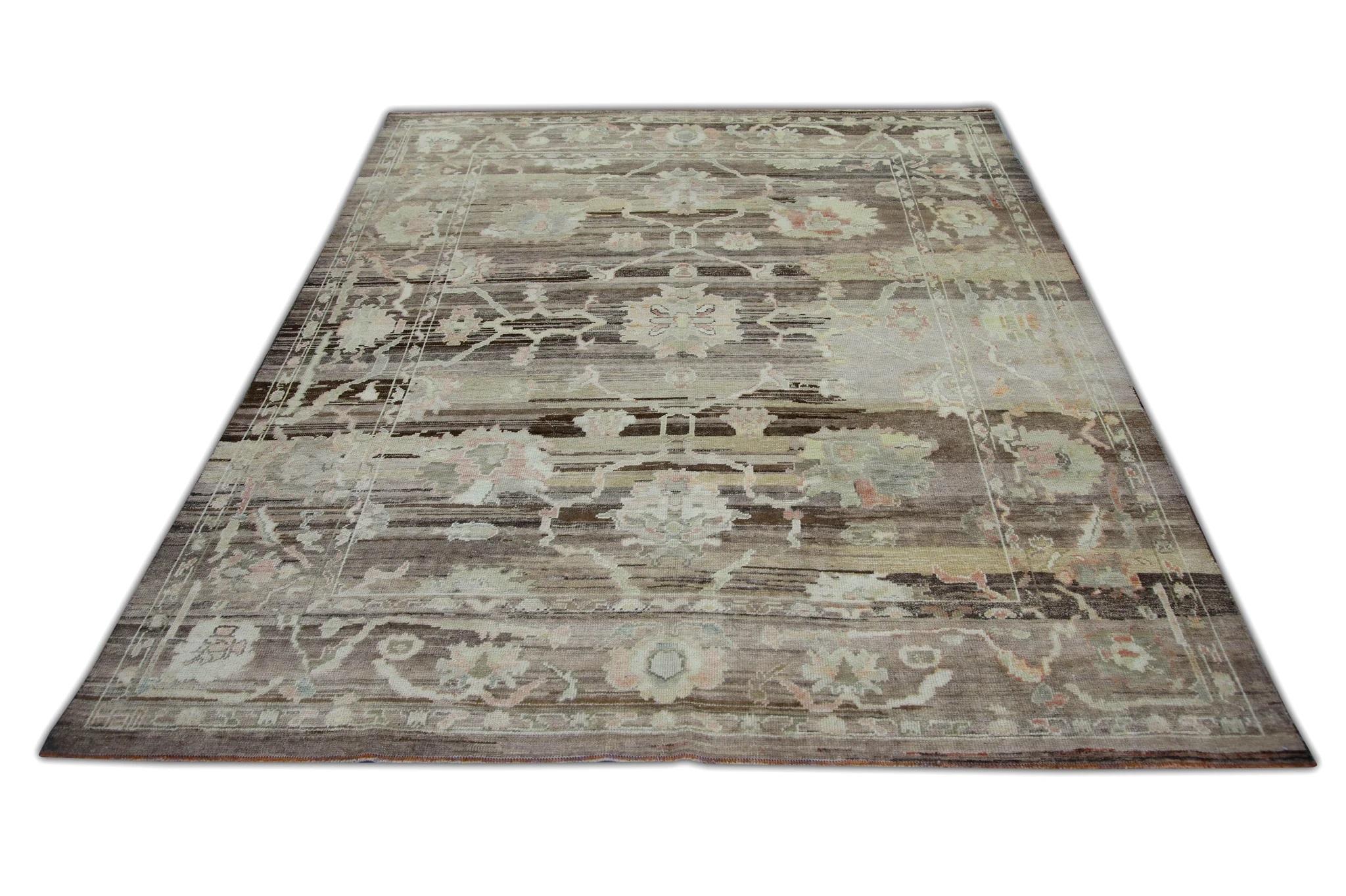 Brown Floral Old Wool Turkish Oushak Rug Handwoven from Reclaimed Vintage Wool In New Condition For Sale In Houston, TX