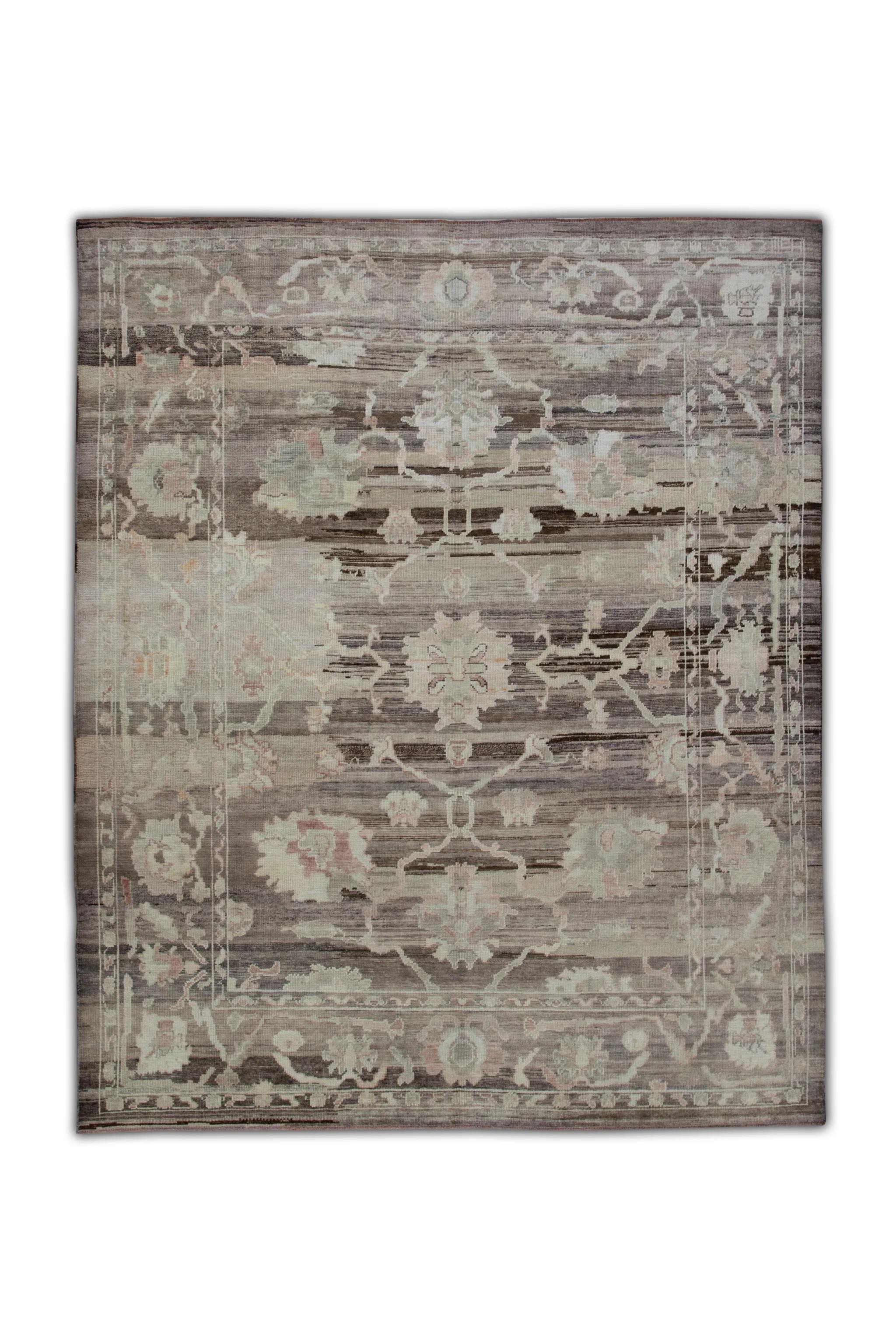 Contemporary Brown Floral Old Wool Turkish Oushak Rug Handwoven from Reclaimed Vintage Wool For Sale