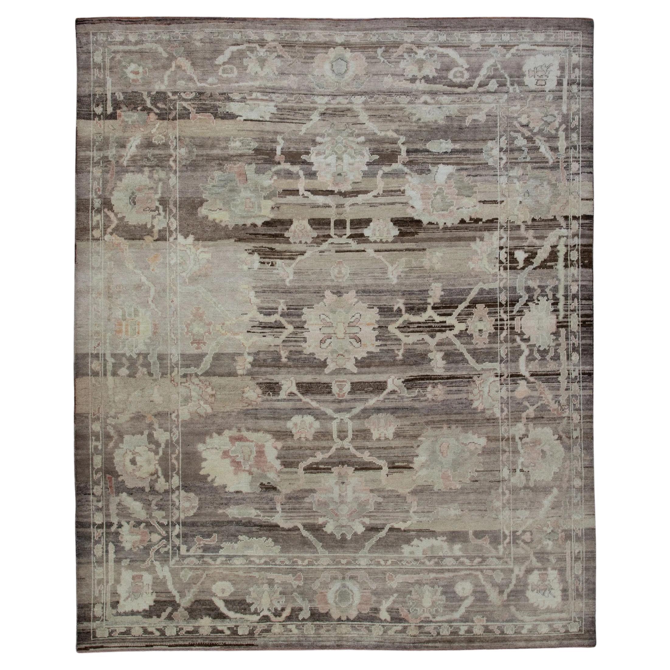 Brown Floral Old Wool Turkish Oushak Rug Handwoven from Reclaimed Vintage Wool