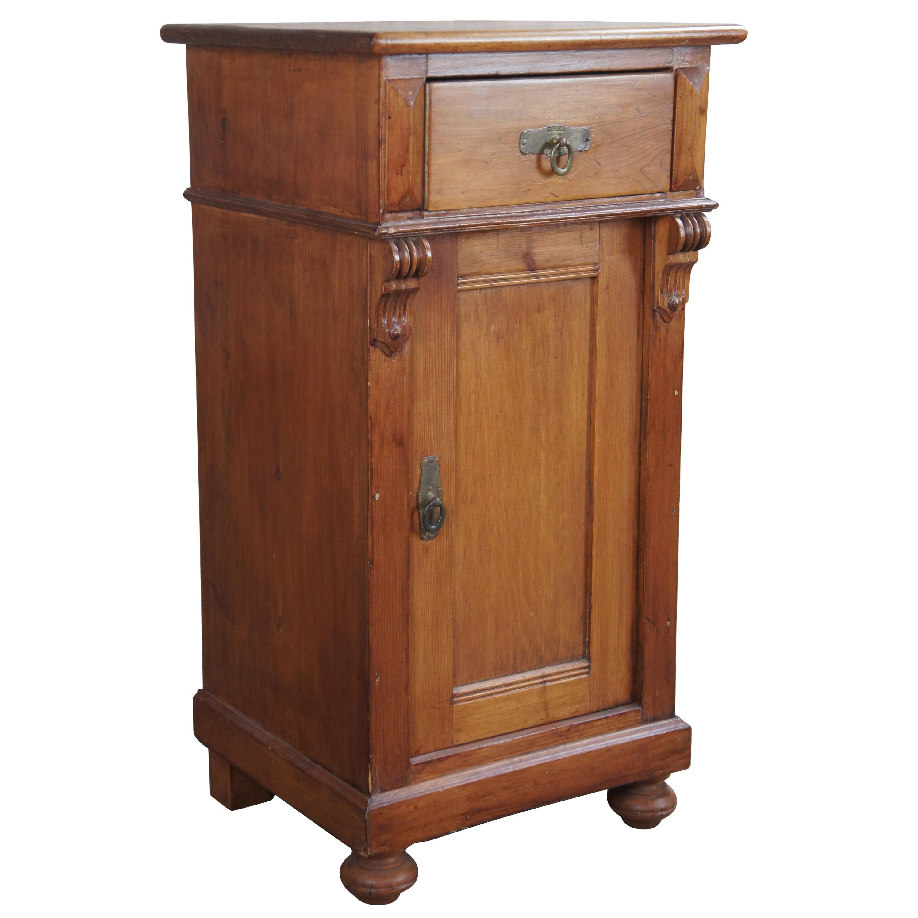 Old World English Pine Pedestal Cabinet Vintage Accent Table Nightstand