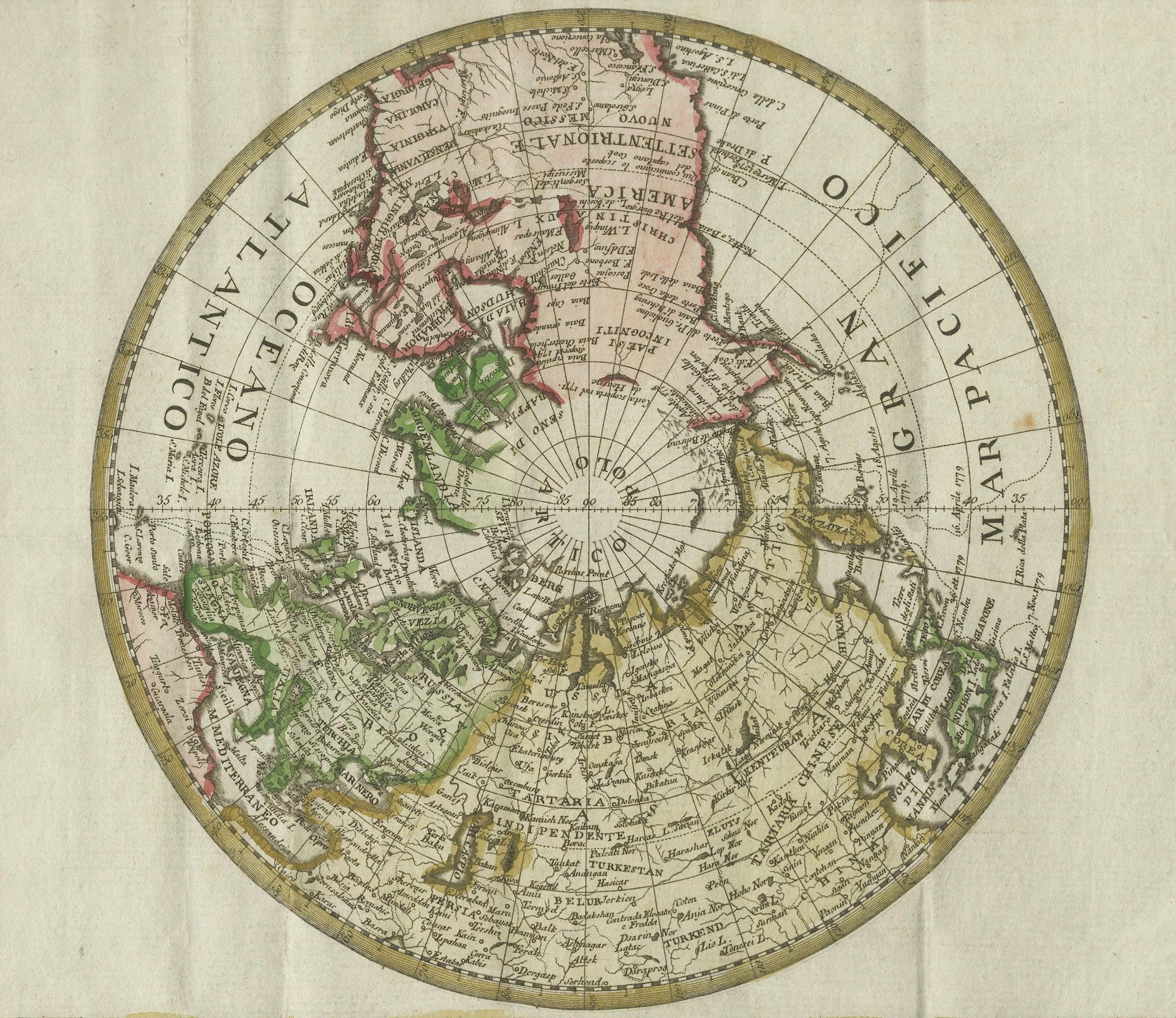 Paper Old World Map Featuring Captain Cook's Exploration Routes and Polar Views, 1787 For Sale