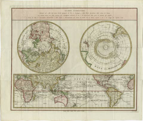Old World Map Featuring Captain Cook's Exploration Routes and Polar Views, 1787
