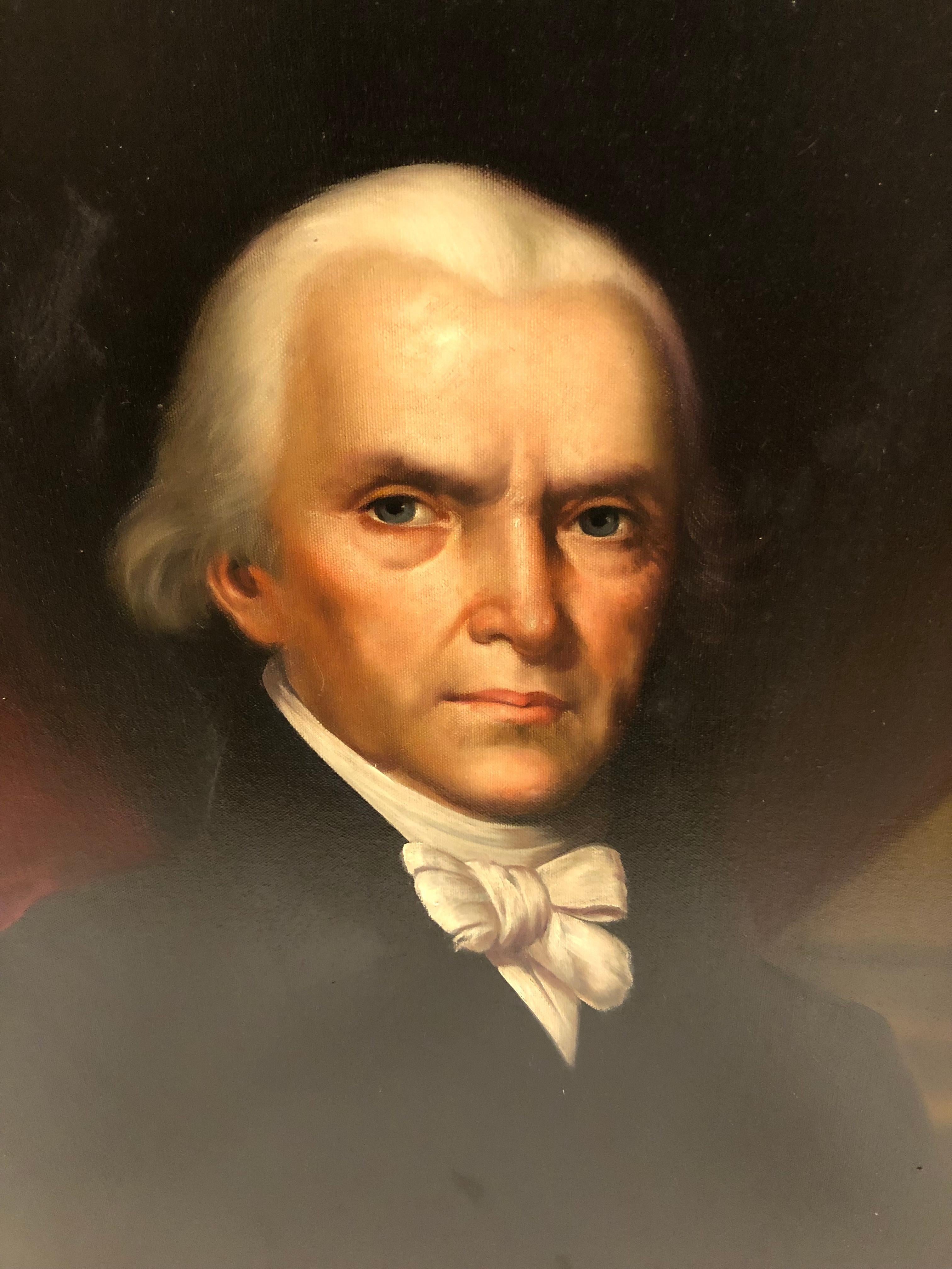 An impressive painting of President James Madison that's a reproduction of an original antique portrait painted by John Vanderlyn in 1816. Gorgeous black and gold chunky frame with fleur di lis decoration in each corner.
Signed Henry Callan
Canvas