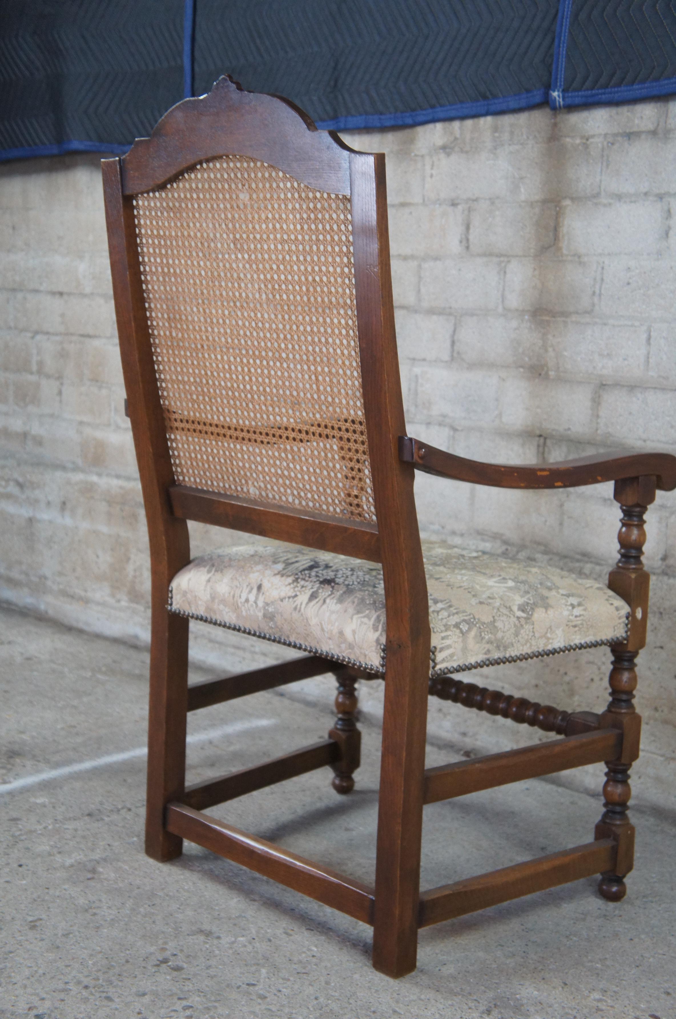Spanish Colonial Old World Spanish Revival Carved Oak Caned Arm Accent Chair Aubusson Style Seat