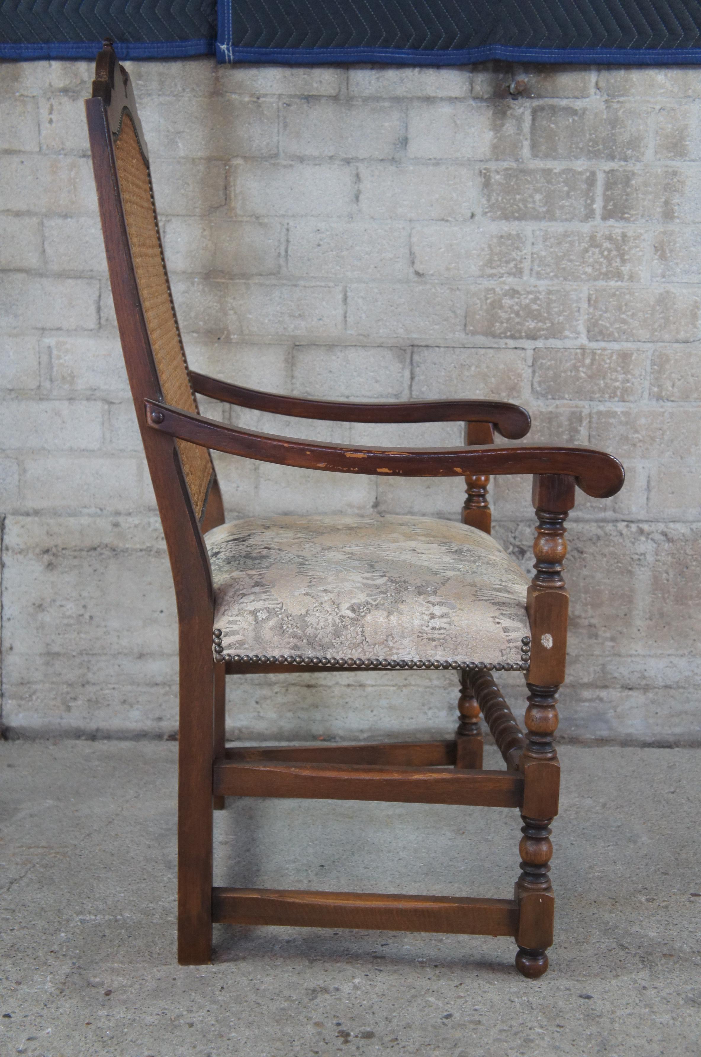 Old World Spanish Revival Carved Oak Caned Arm Accent Chair Aubusson Style Seat In Good Condition In Dayton, OH