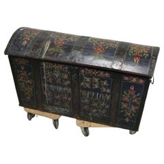 Old World Swedish Domed-Top Dowry Chest, Black with Floral Motif and Date "1910"