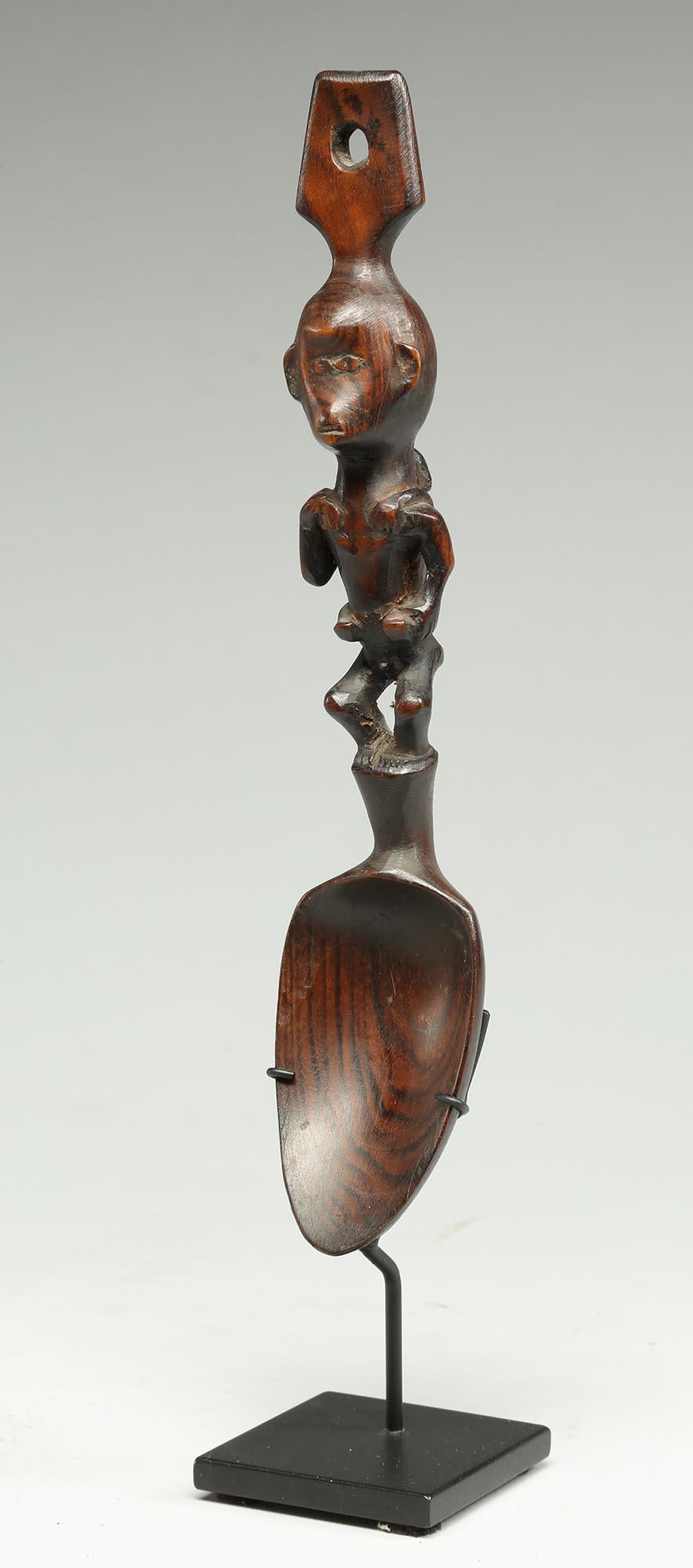 Hand-Carved Old worn Philippine Spoon with Monkey Maternity Mother Figure with Baby on Back