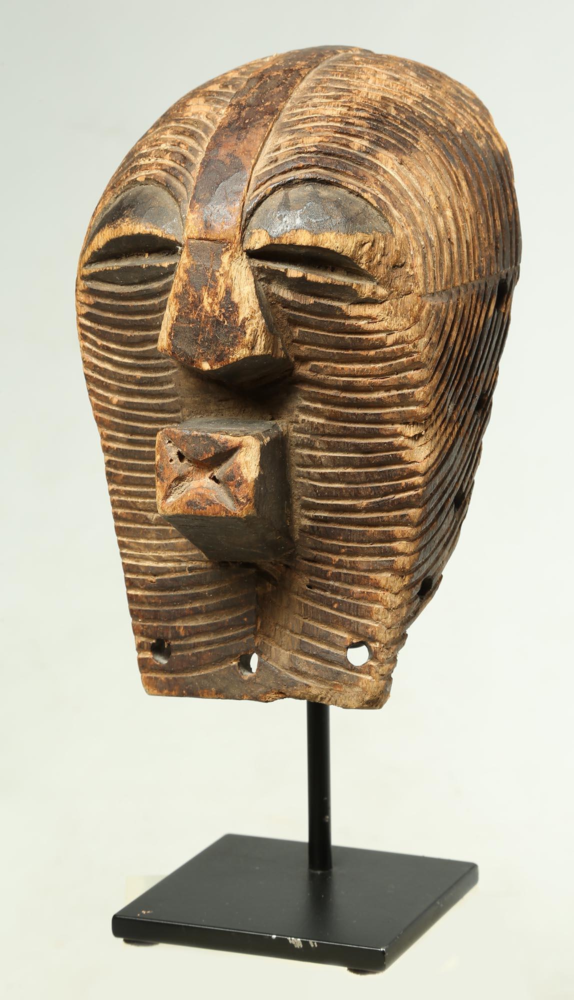 Tribal Old Worn Small Songye Kifwebe Mask with Fine Striations Around Face Cubist Mouth