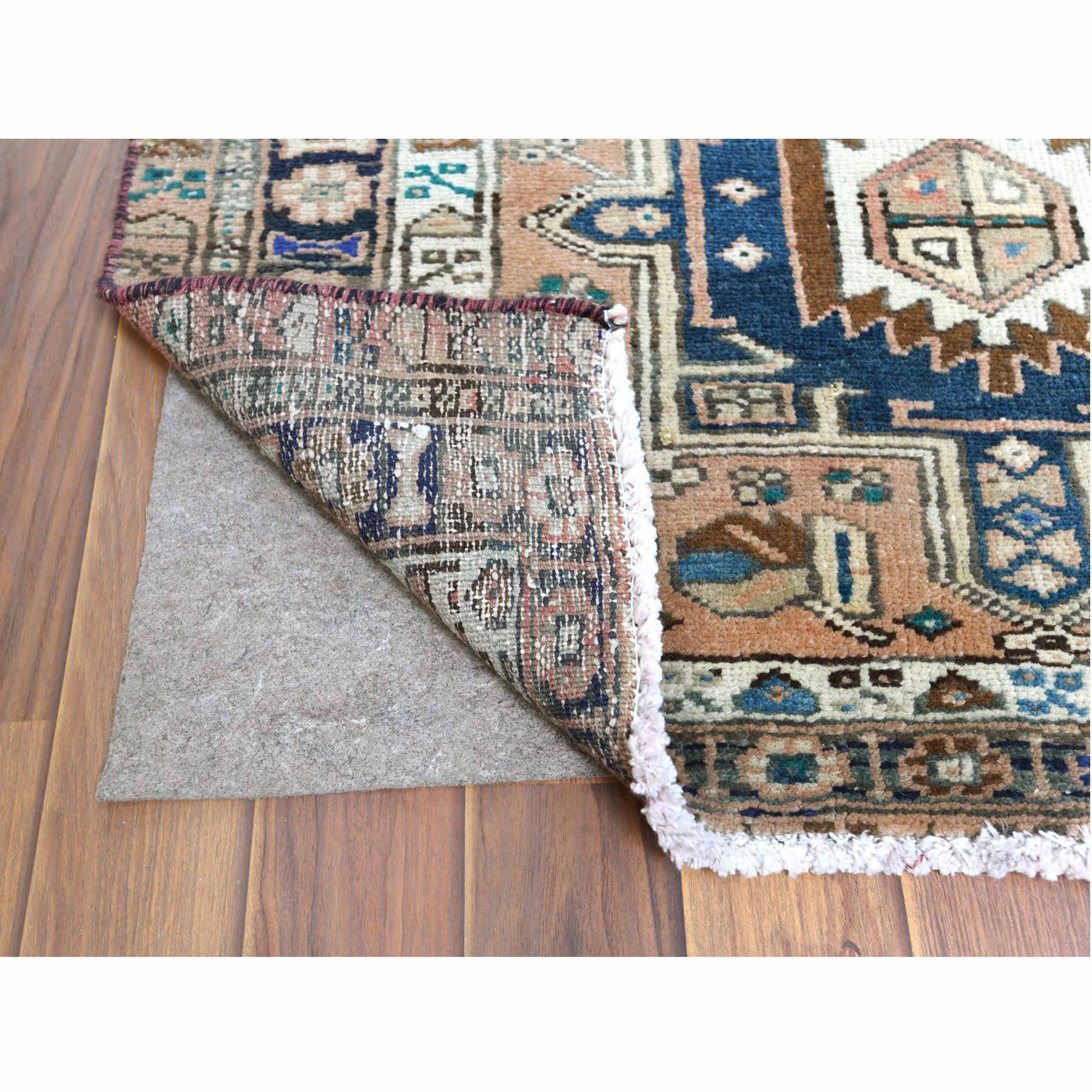 Medieval Old Worn Wool Peach Color Geometric Medallions Persian Karajeh Hand Knotted Rug For Sale