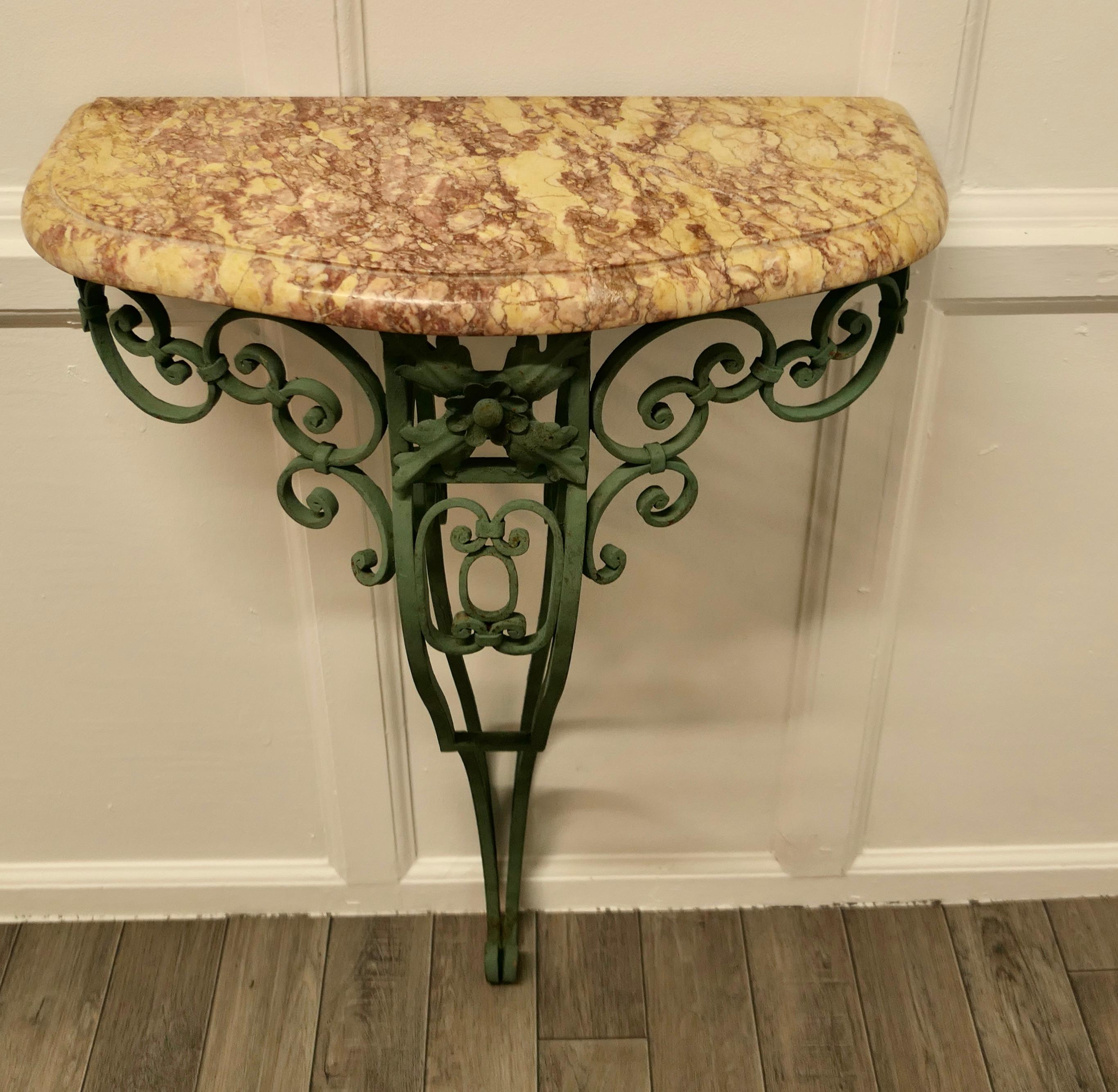 French Provincial Old Wrought Iron French Marble Console or Hall Table    For Sale