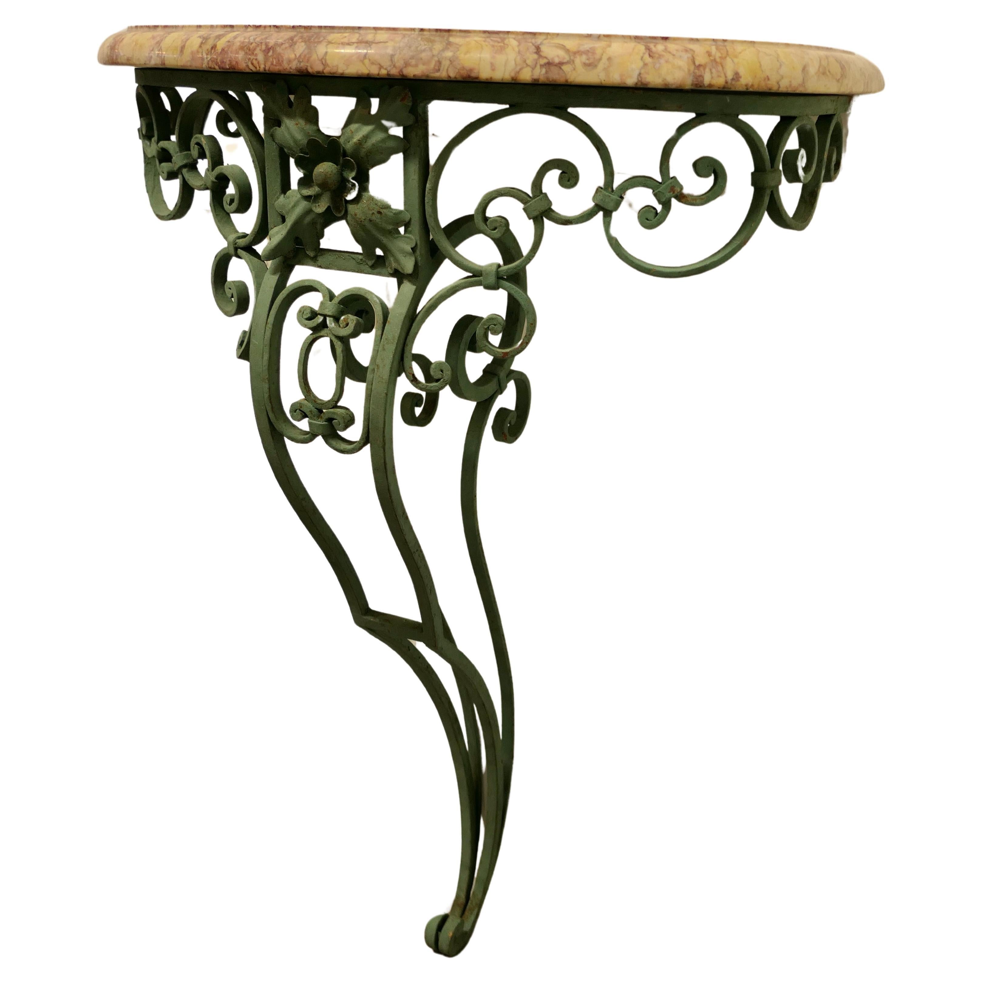 Ancienne console ou table d'entrée en fer forgé et marbre français   