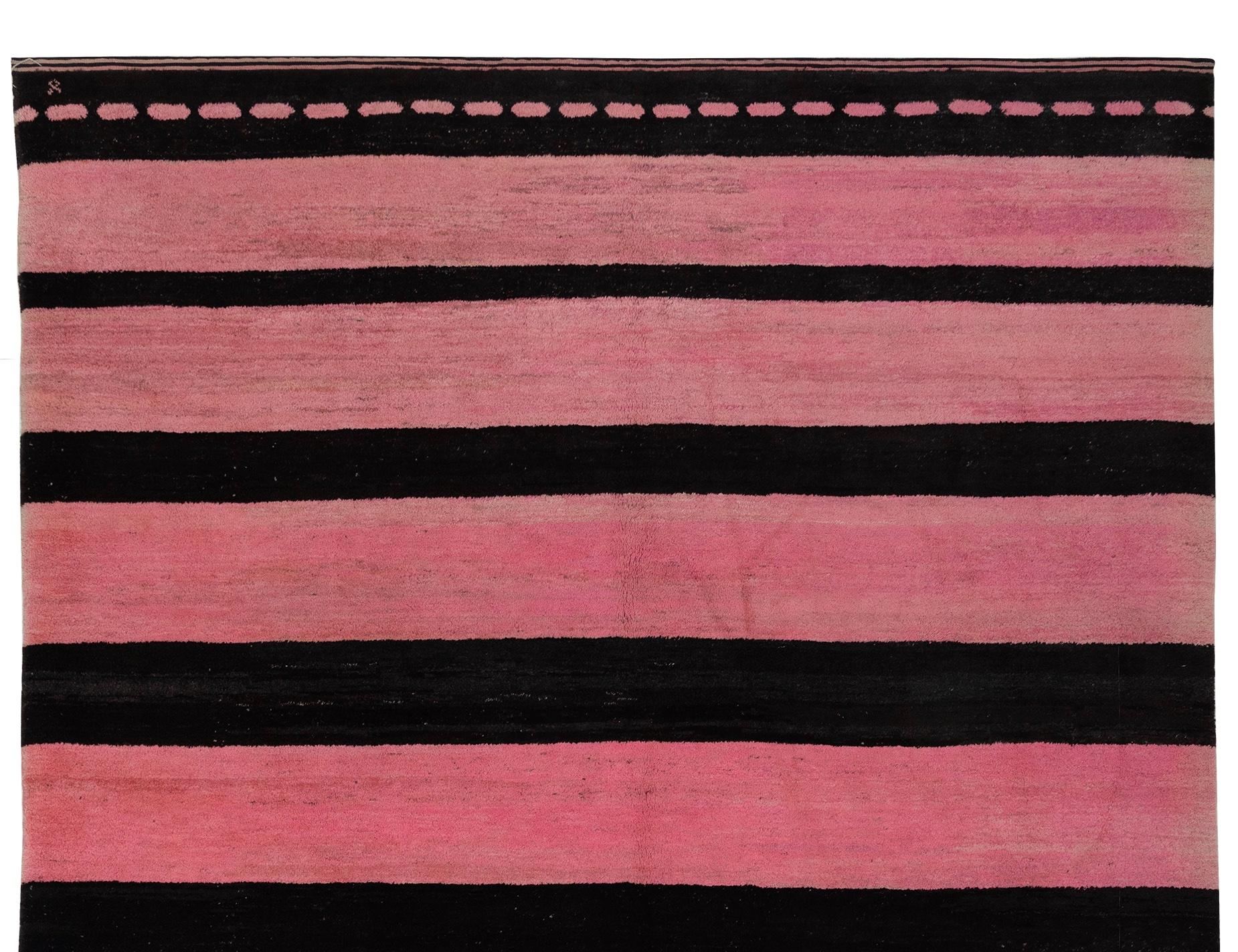 Turkish Old Yarn Rug Pink Black Striped For Sale