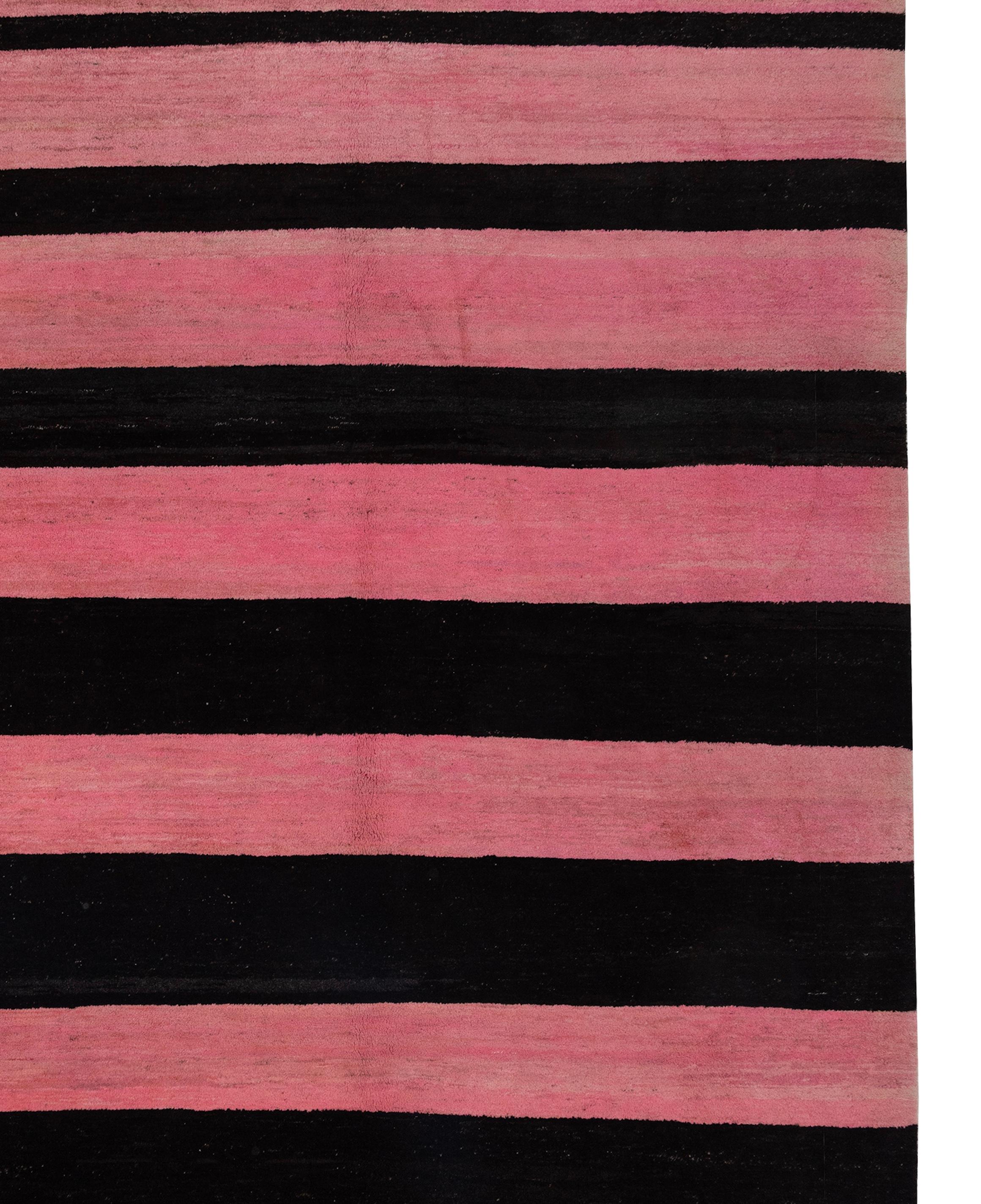 Hand-Knotted Old Yarn Rug Pink Black Striped For Sale