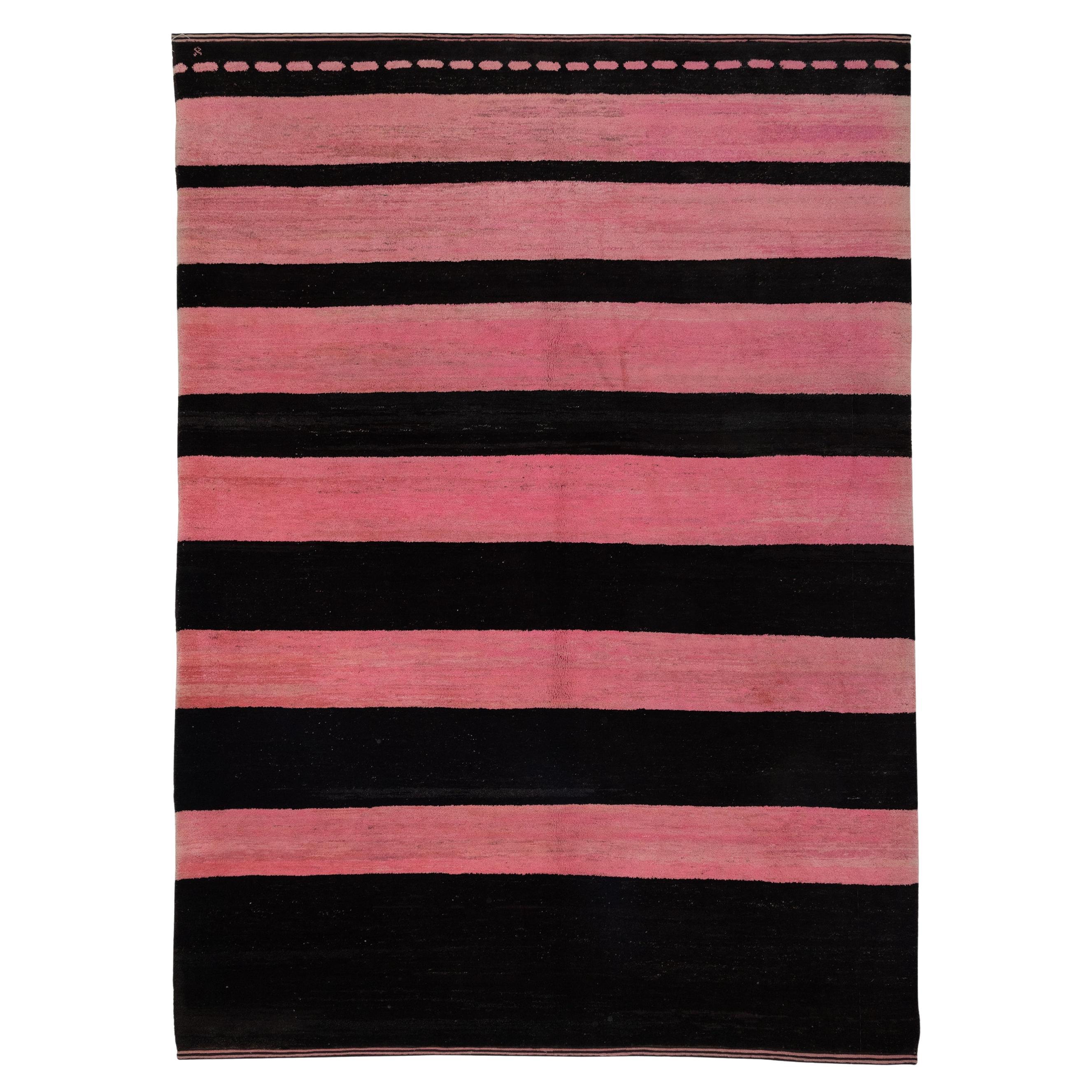 Old Yarn Rug Pink Black Striped For Sale