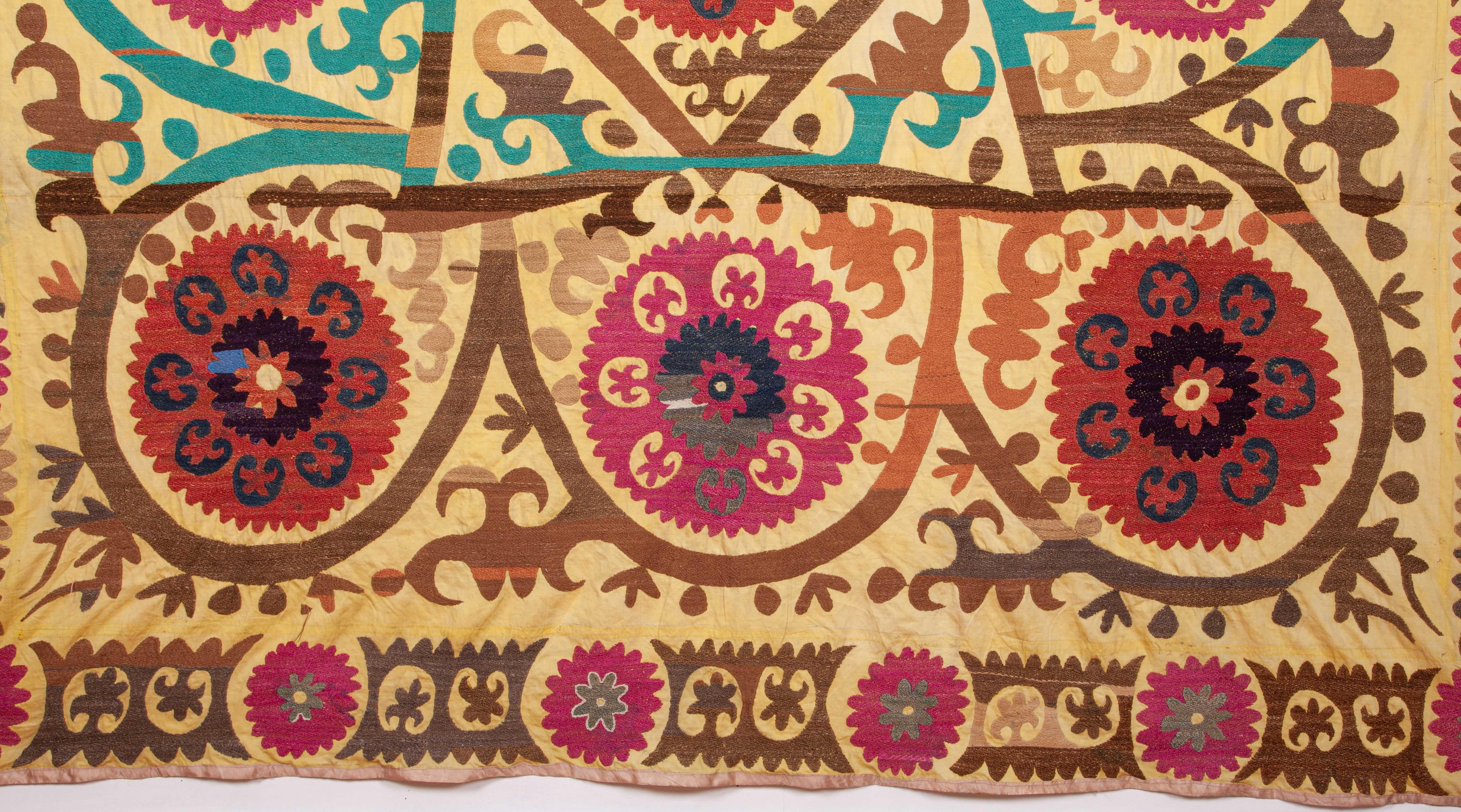 Cotton Old Yellow Ground Suzani from Samarkand Uzbekistan, Mid-20th Century For Sale