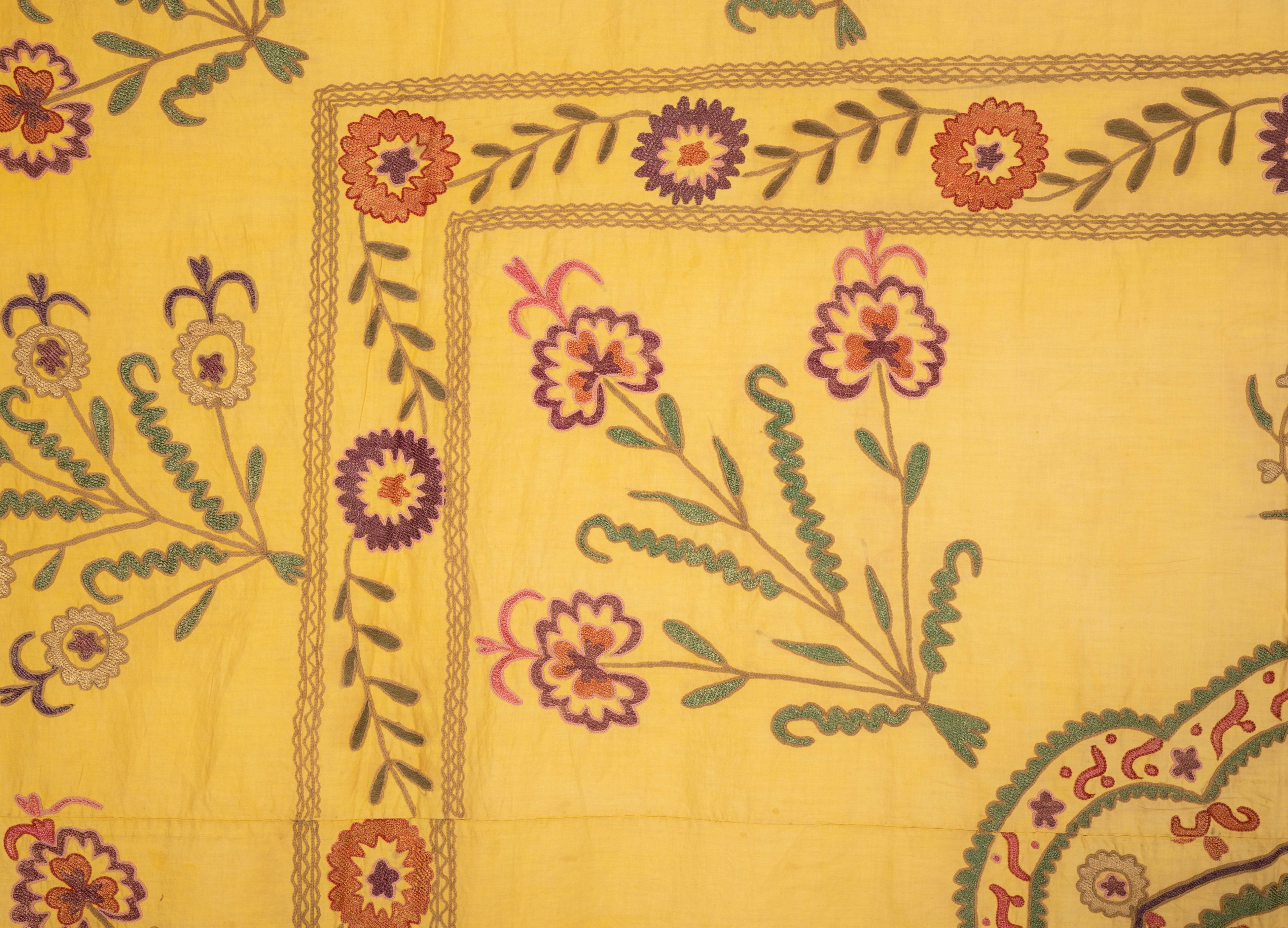 Embroidered Old Yellow Suzani from Uzbekistan, 1930s