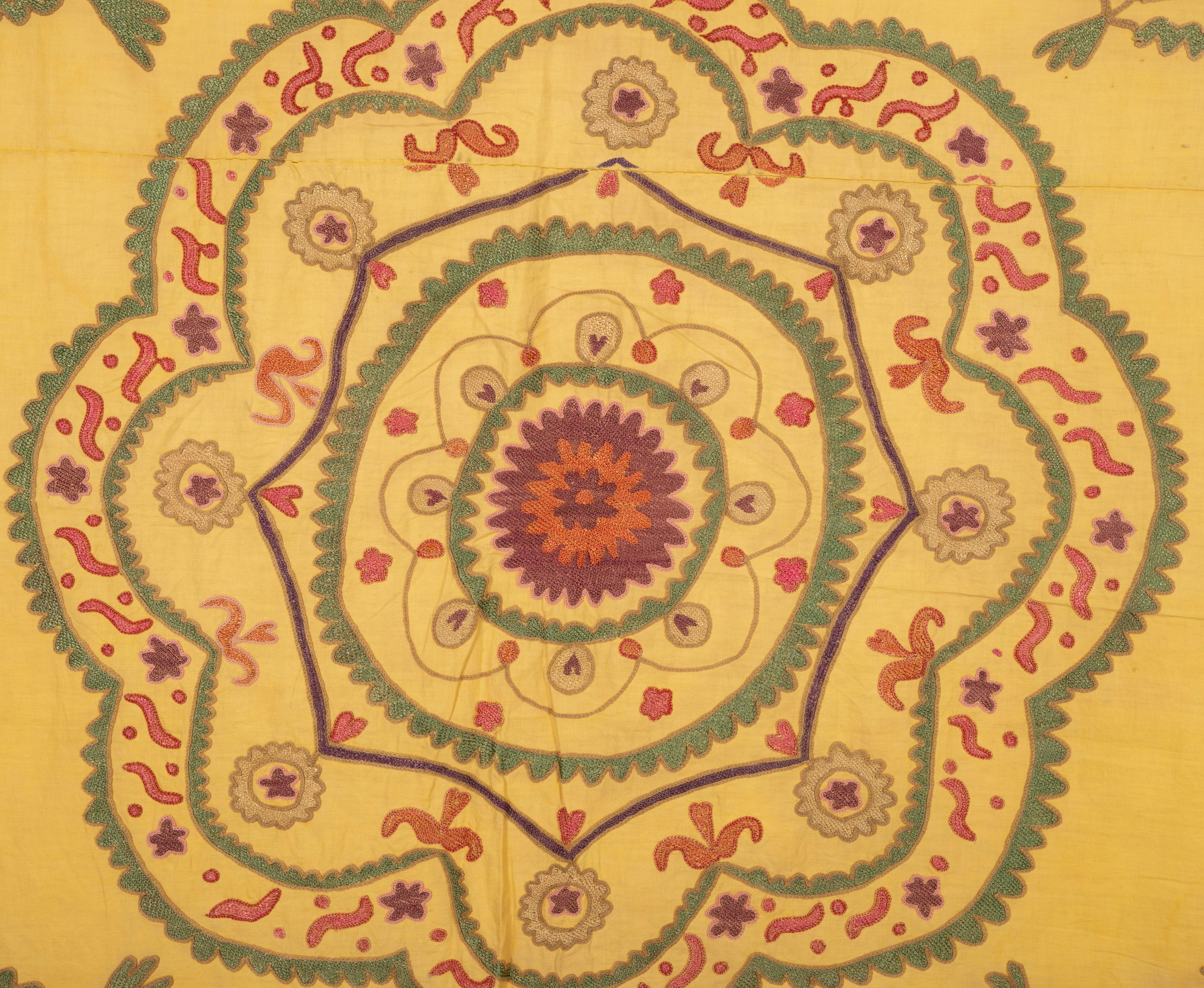 Silk Old Yellow Suzani from Uzbekistan, 1930s