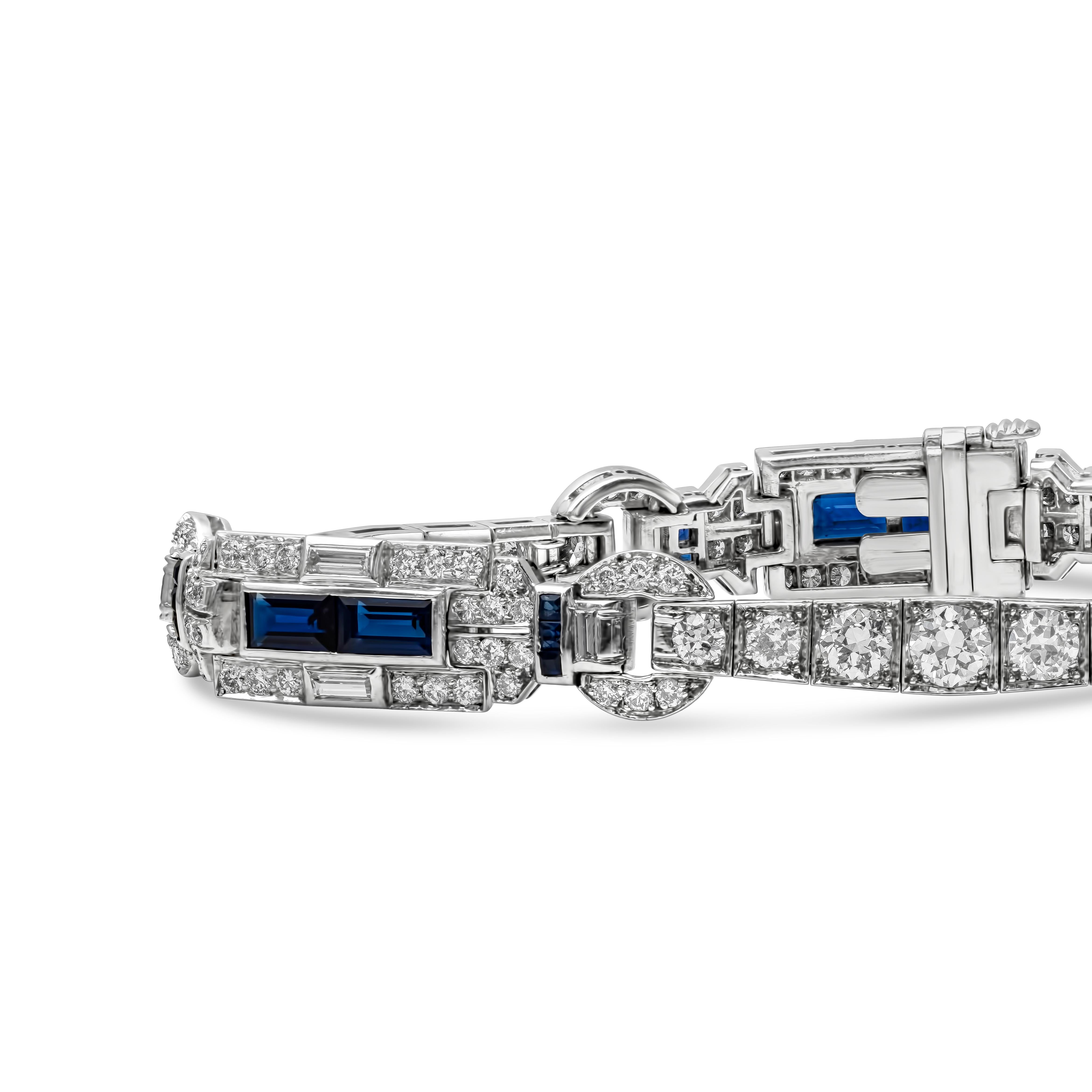 A beautiful and unique antique bracelet showcasing Old European cut diamonds weighing 4.25 carats total, set in an intricately-designed mounting. The bracelet is accented by emerald cut blue sapphires weighing 1.50 carats total. Made in platinum.