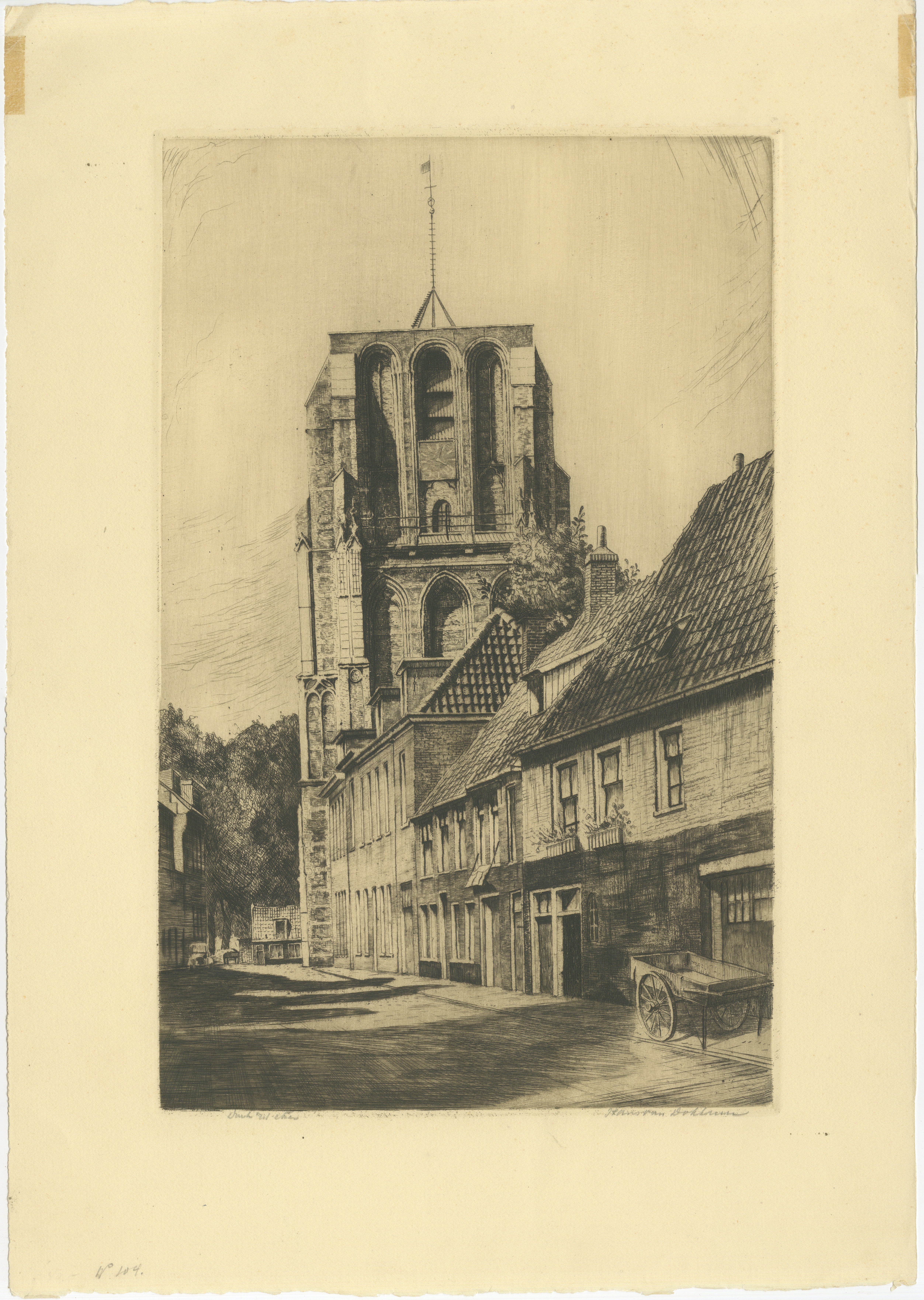 Oldehove, Leeuwarden – Signed Etching by Hans van Dokkum (1908–1995)

A finely executed architectural etching of the Oldehove, the famous leaning and unfinished church tower in Leeuwarden, Friesland. The view captures the monumental Gothic tower