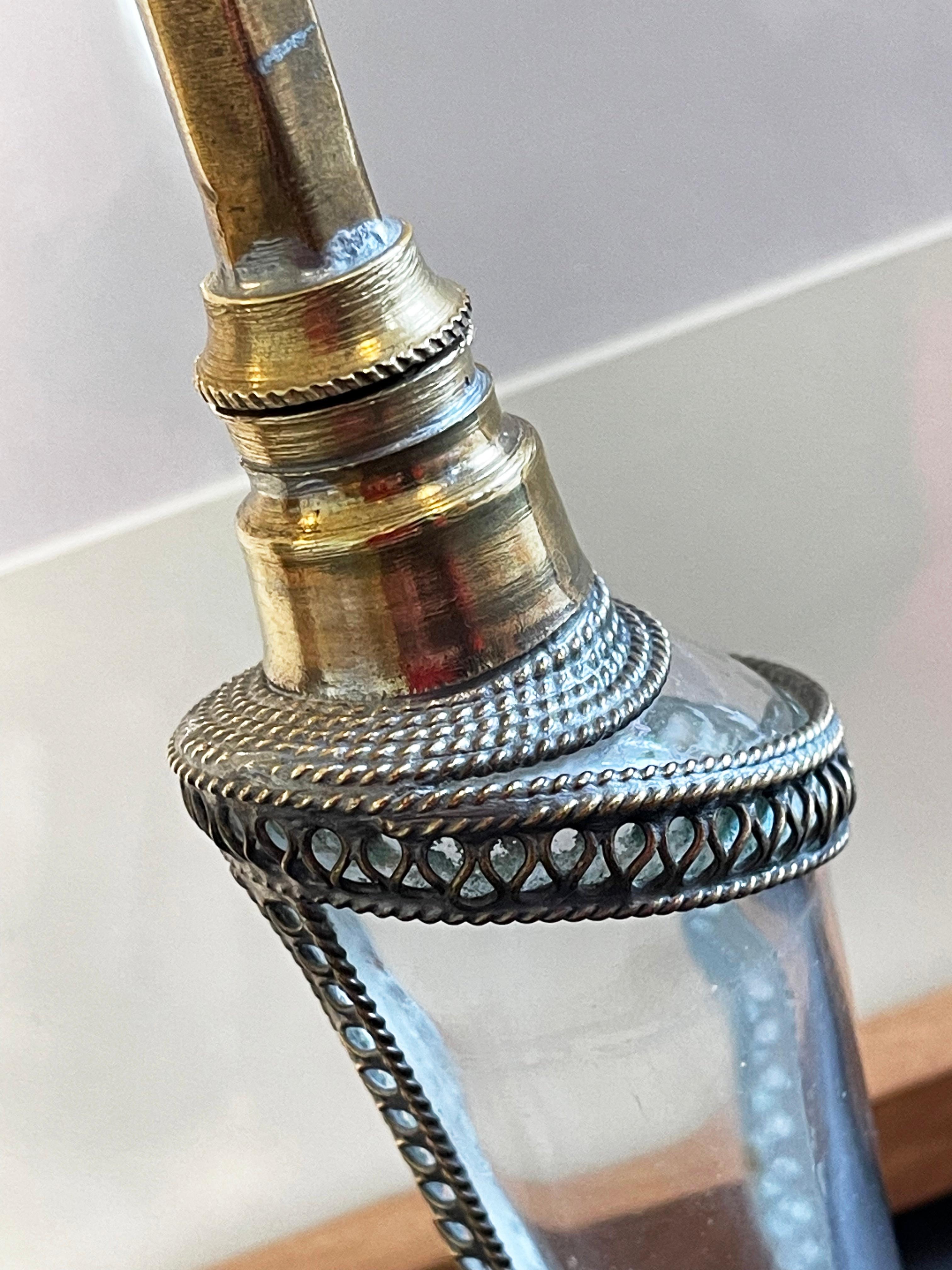 Hand-Crafted Older Moroccan Perfume Bottle, Filigree, Brass & Glass ca. 1965, North Africa For Sale