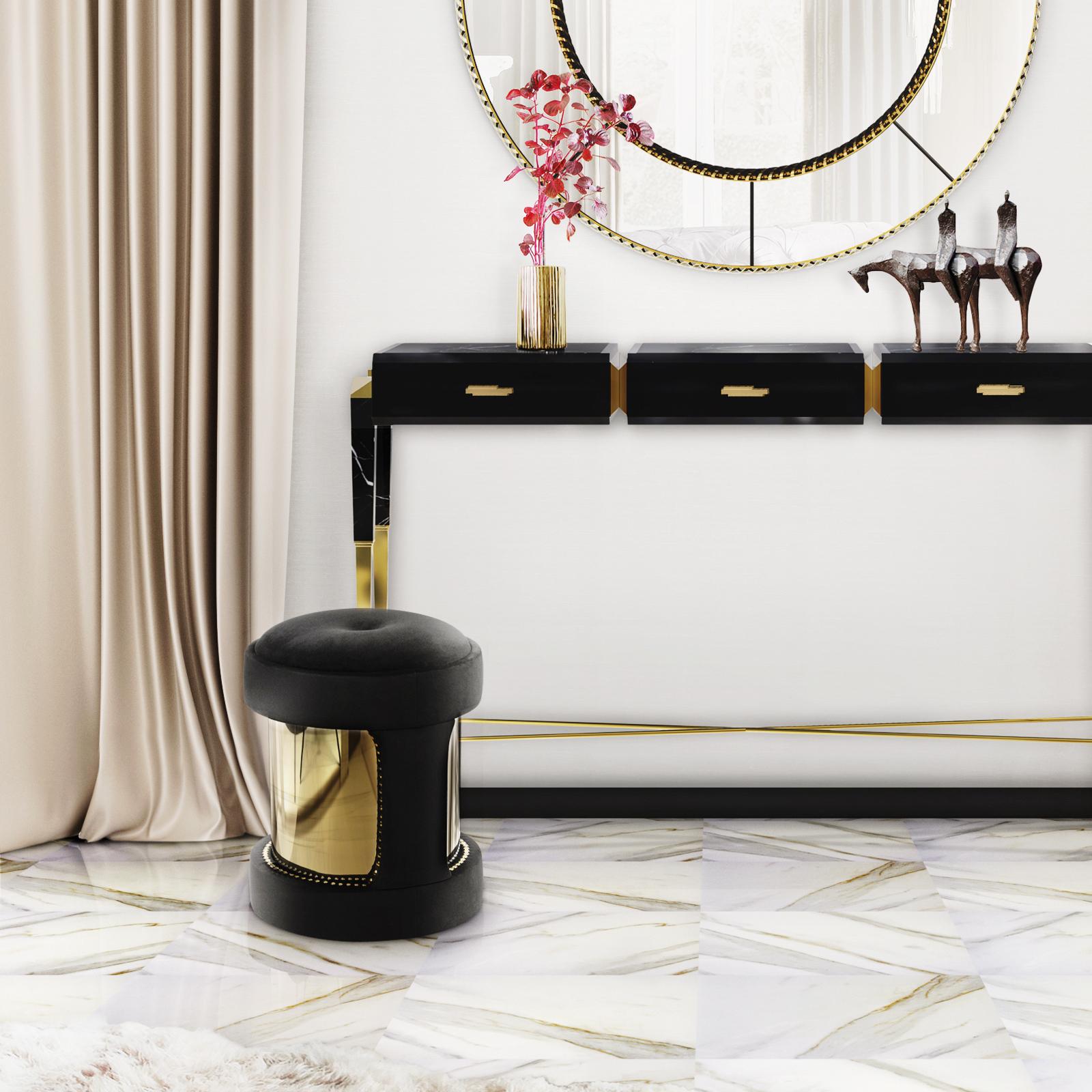 Gold Plate Oldies Stool with Black Velvet and Polished Brass For Sale