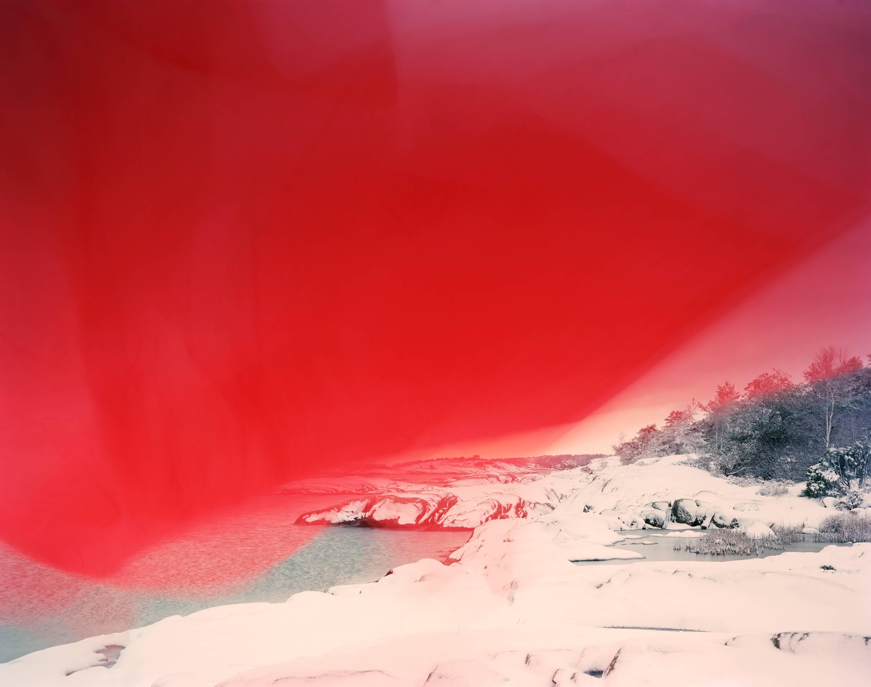 Ole Brodersen Landscape Photograph - Cloth and String 07 - red snowy abstract Scandinavian landscape photo