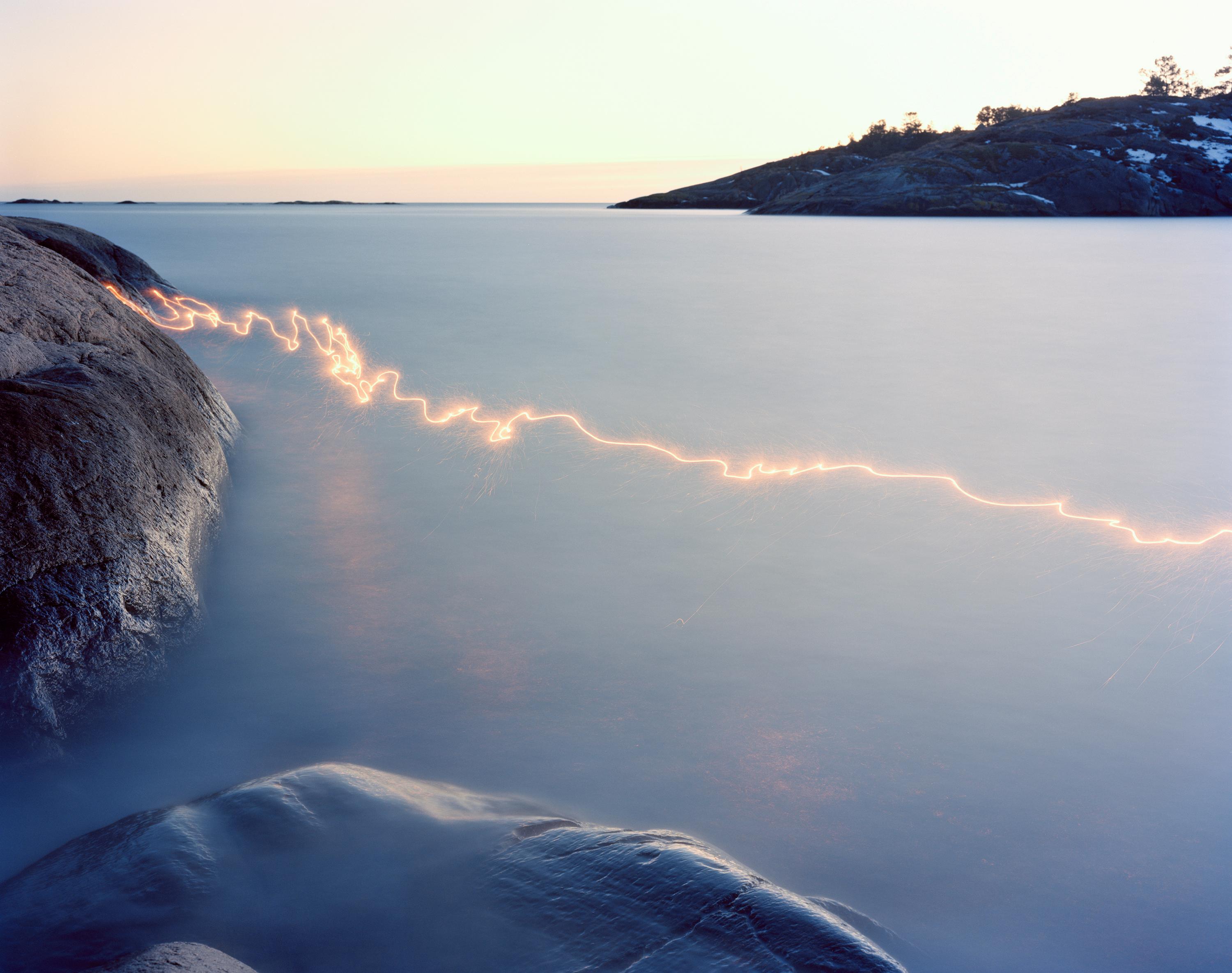 Ole Brodersen Landscape Photograph - Plexiglass, wood, sparkler and string #08 - Water Landscape Contemporary Photo 