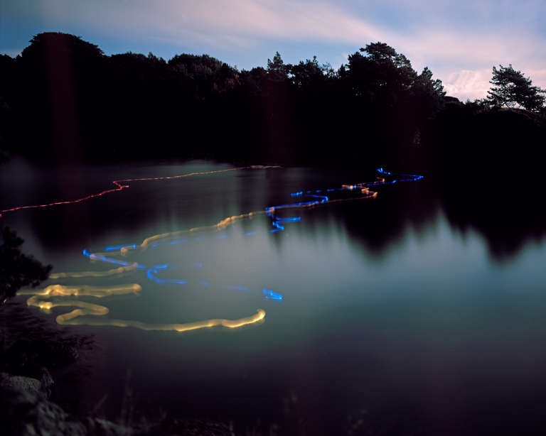 Ole Brodersen Landscape Photograph - Rubber and light bulbs #02 - landscape contemporary photo of dawn, neon water