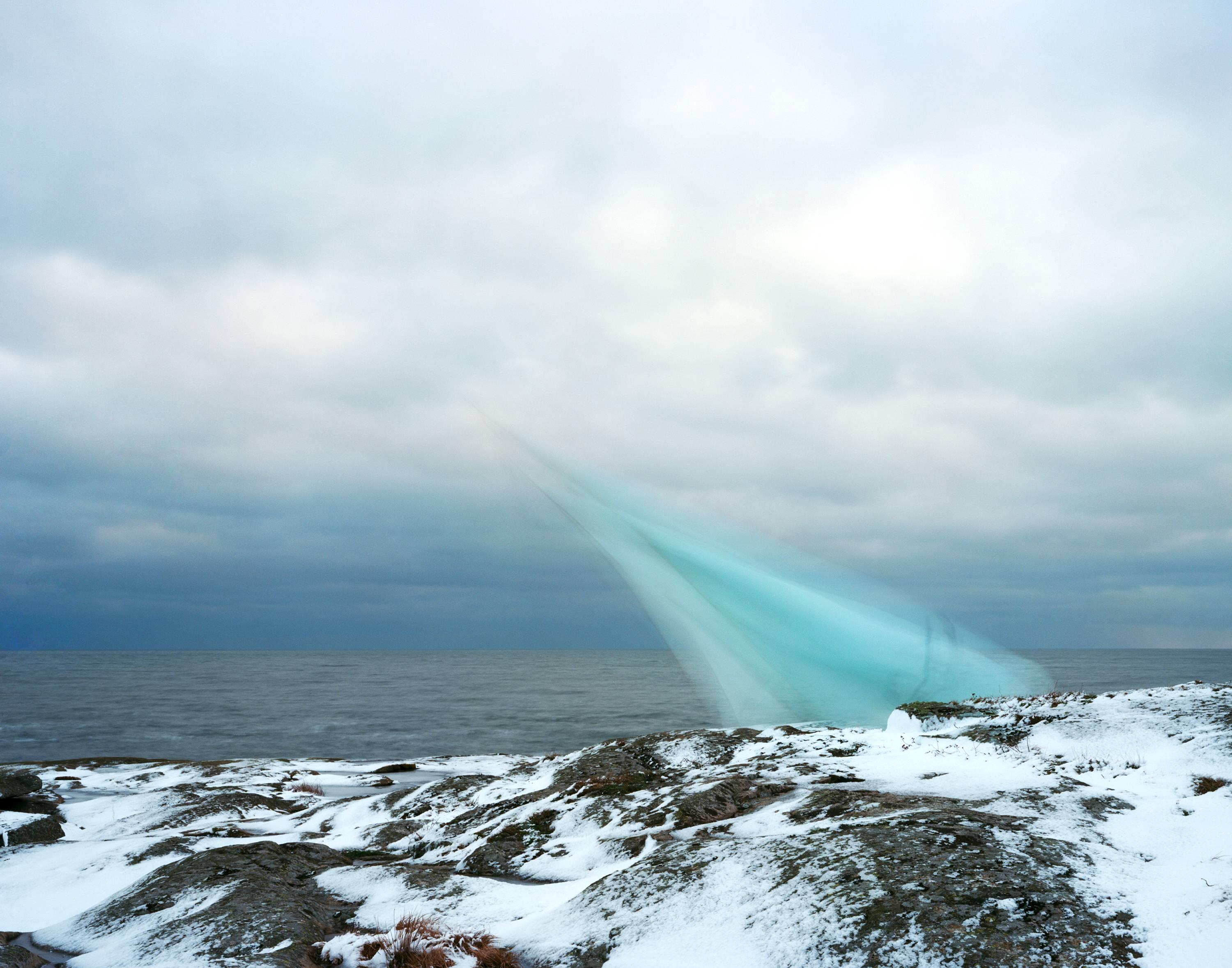 Ole Brodersen Landscape Photograph - String, Cloth, and Kite 04 - large sky blue snow Scandinavian landscape photo