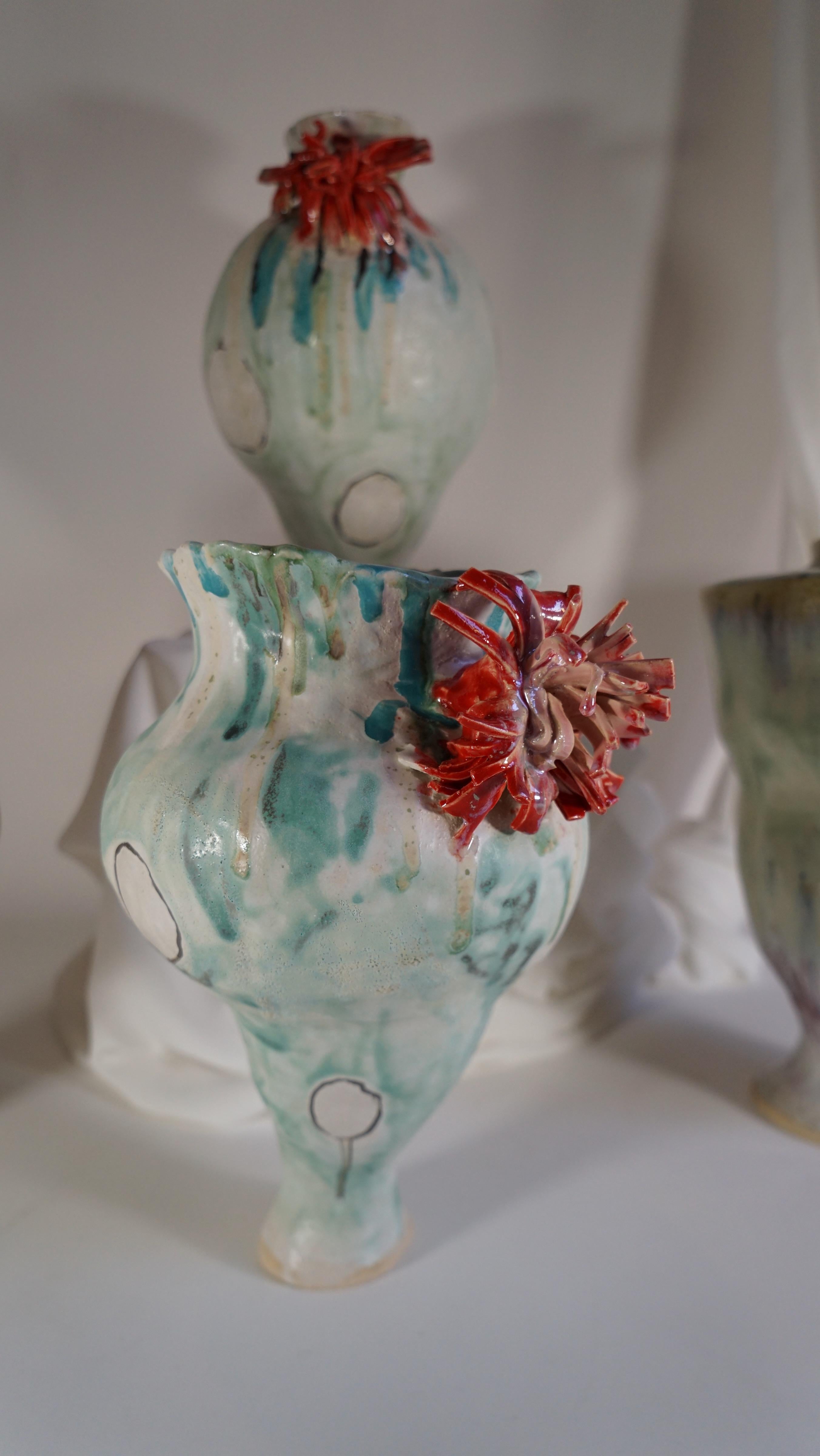 Green and White Stoneware Spain Inspired Vessel by Hania Jneid For Sale 5