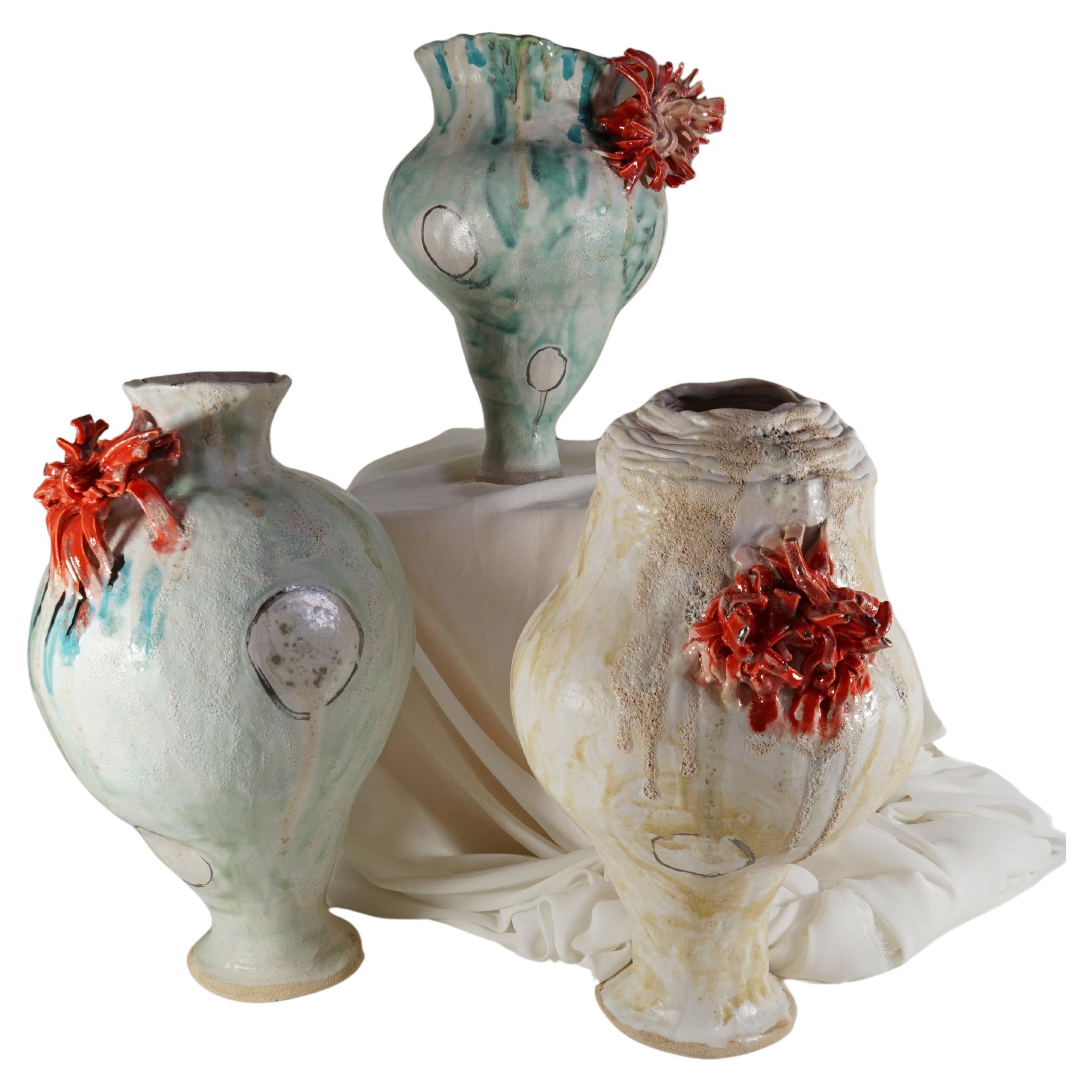 Spanish Green and White Stoneware Spain Inspired Vessel by Hania Jneid For Sale