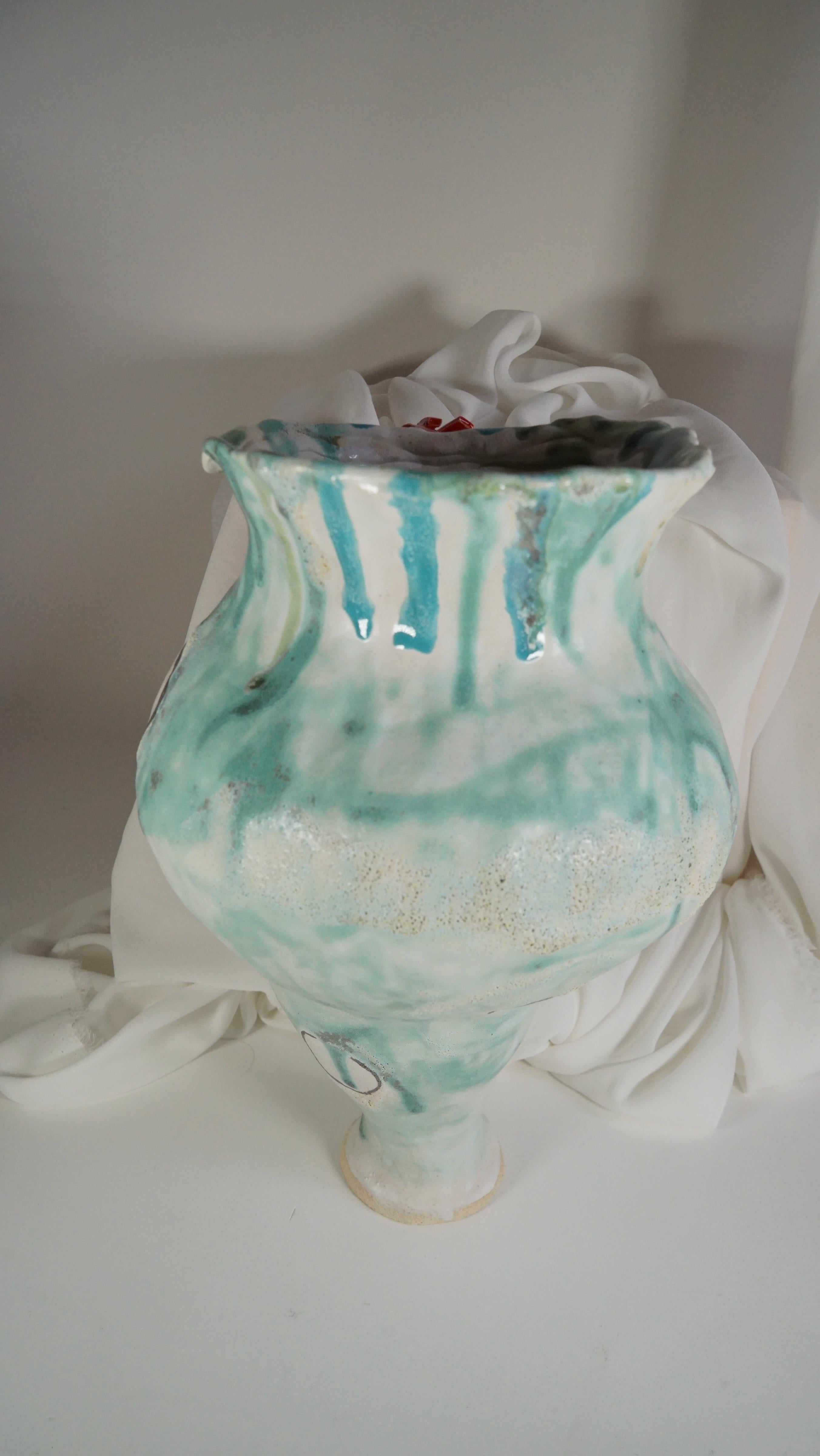 Hand-Carved Green and White Stoneware Spain Inspired Vessel by Hania Jneid For Sale