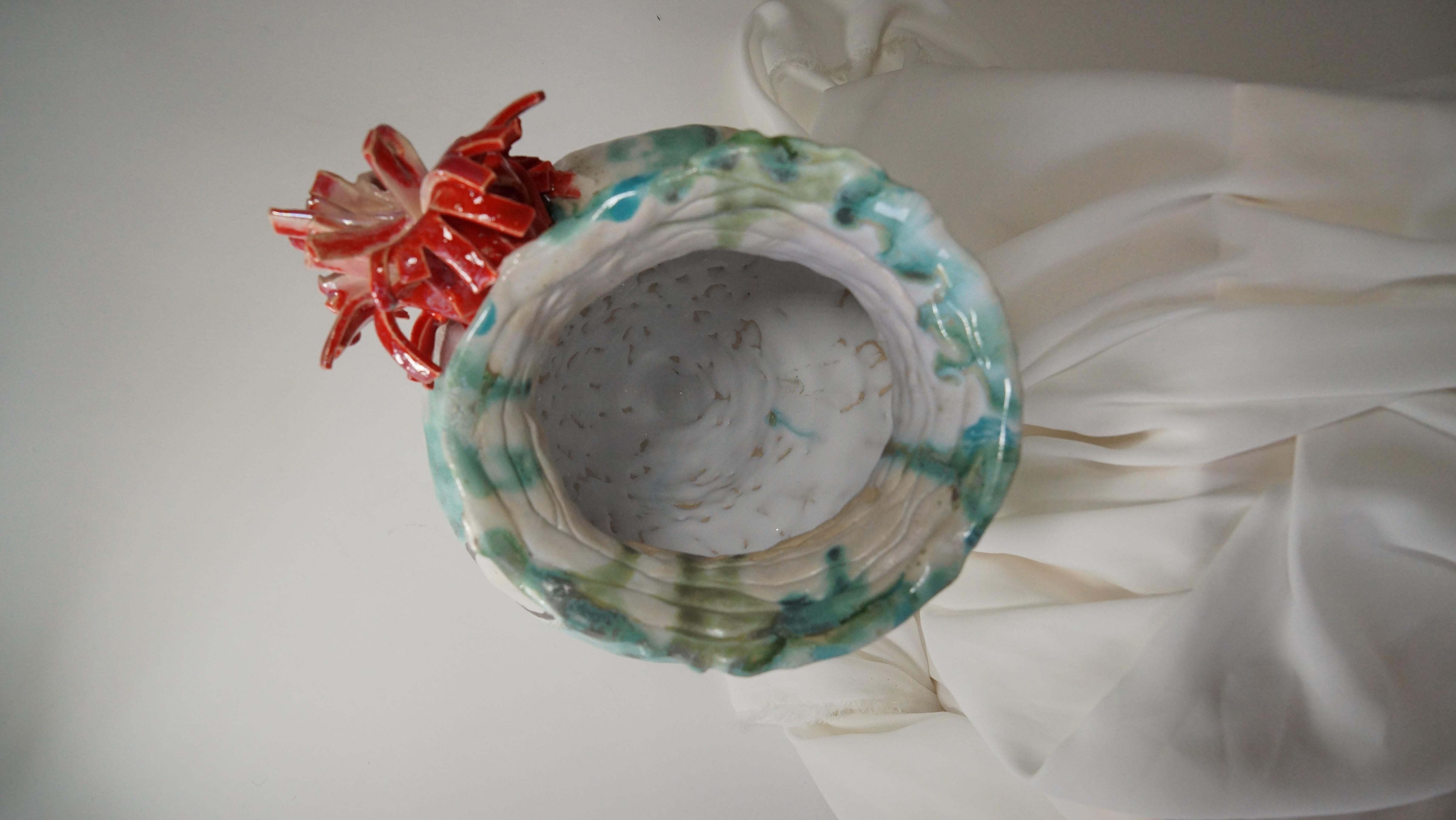 Contemporary Green and White Stoneware Spain Inspired Vessel by Hania Jneid For Sale