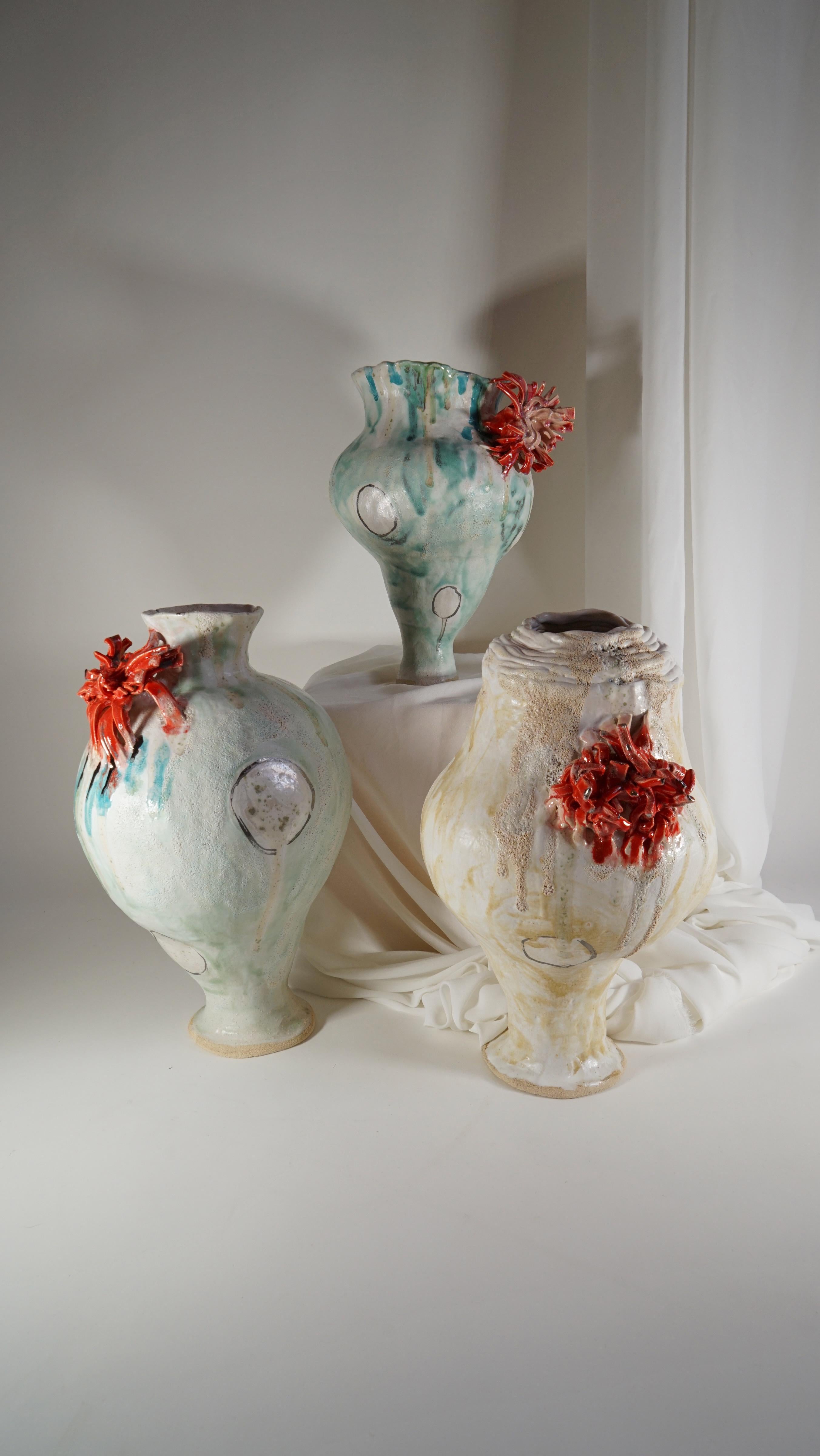 Green and White Stoneware Spain Inspired Vessel by Hania Jneid For Sale 2