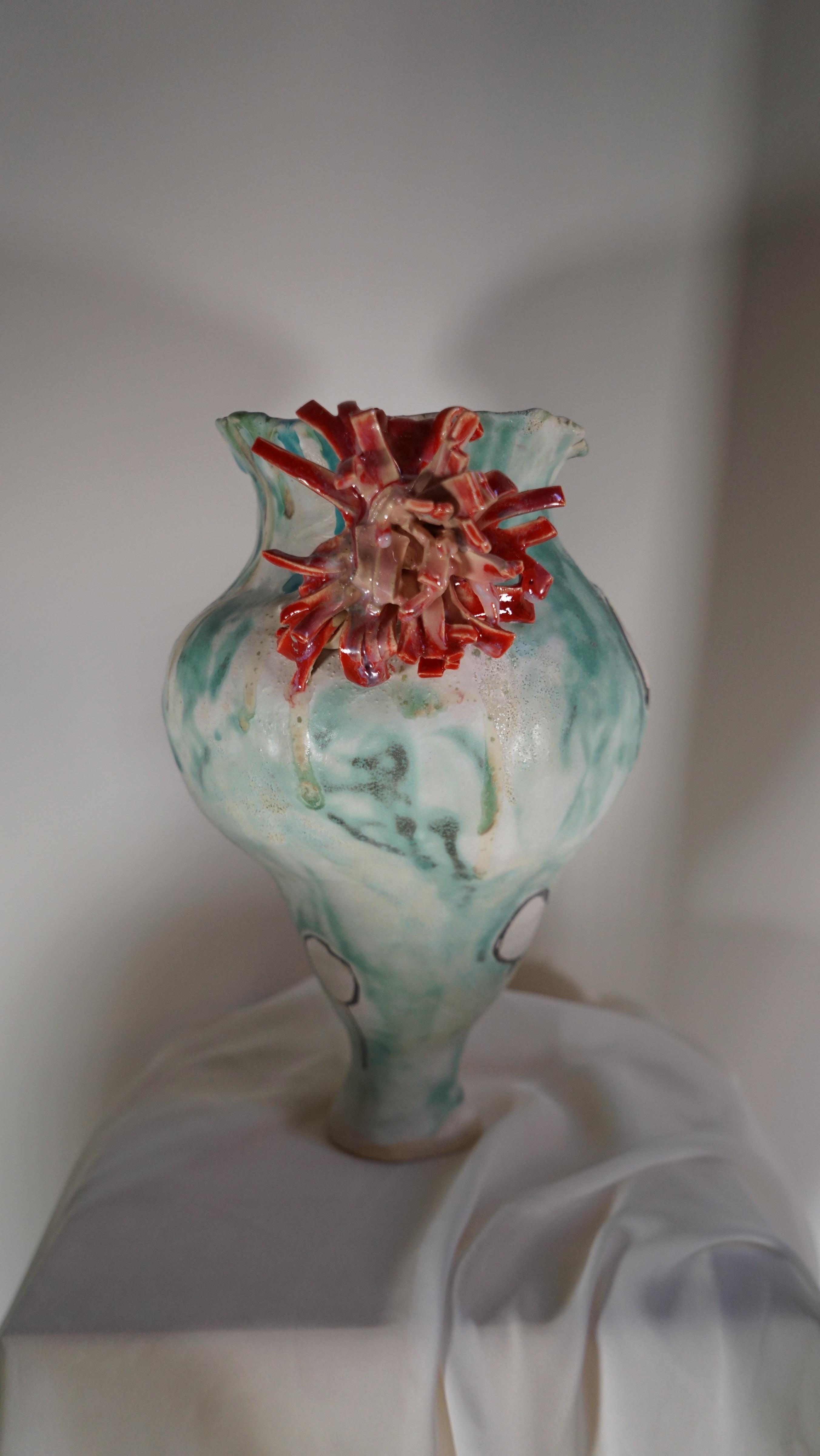 Spanish Colonial Green and White Stoneware Spain Inspired Vessel by Hania Jneid For Sale