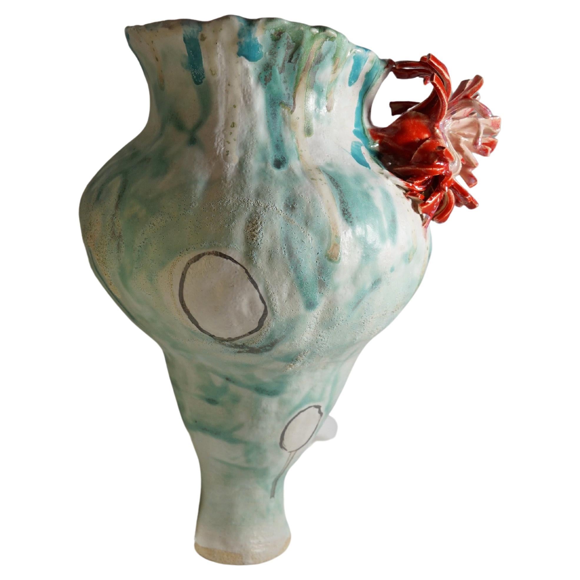 Green and White Stoneware Spain Inspired Vessel by Hania Jneid For Sale