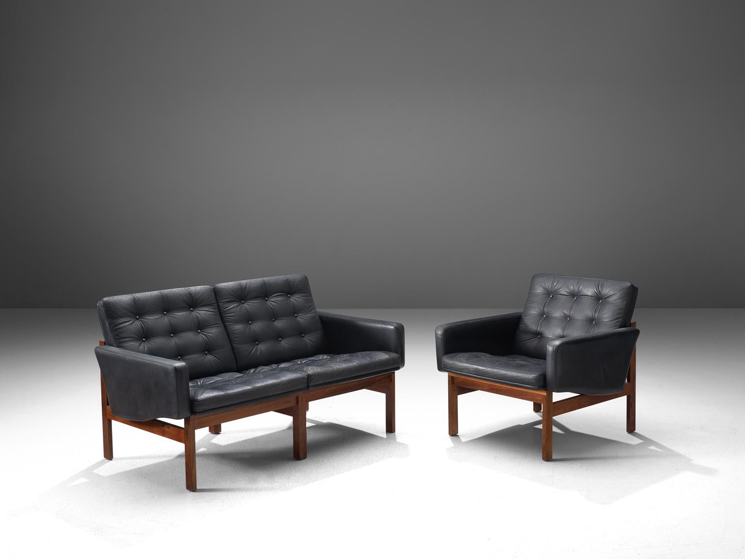 Scandinavian Modern Ole Gjerløv-Knudsen Lounge Set in Black Leather