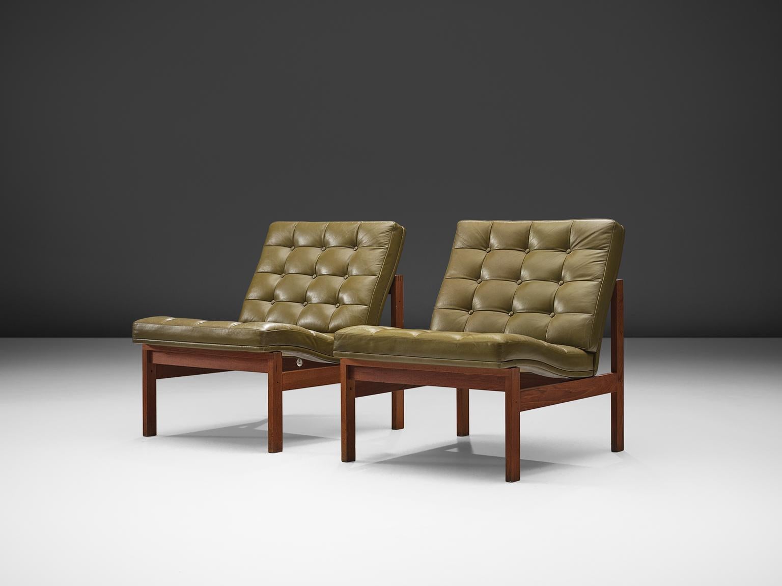 Scandinavian Modern Ole Gjerløv-Knudsen & Torben Lind for France & Son Green Leather Lounge Chairs