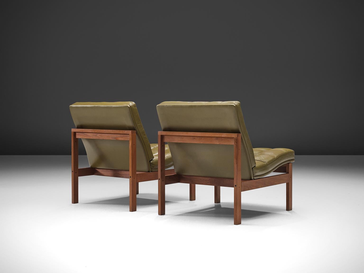Danish Ole Gjerløv-Knudsen & Torben Lind for France & Son Green Leather Lounge Chairs