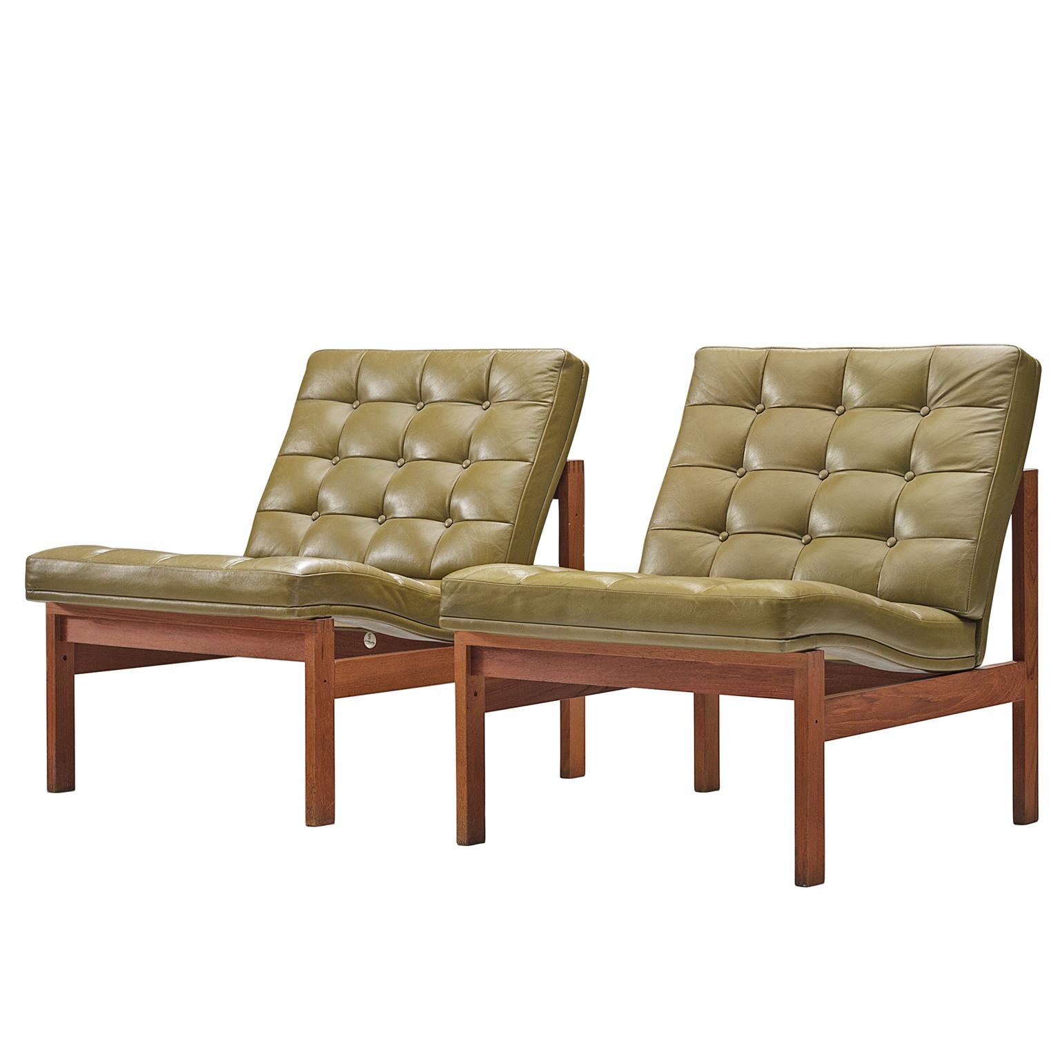 Ole Gjerløv-Knudsen & Torben Lind for France & Son Green Leather Lounge Chairs