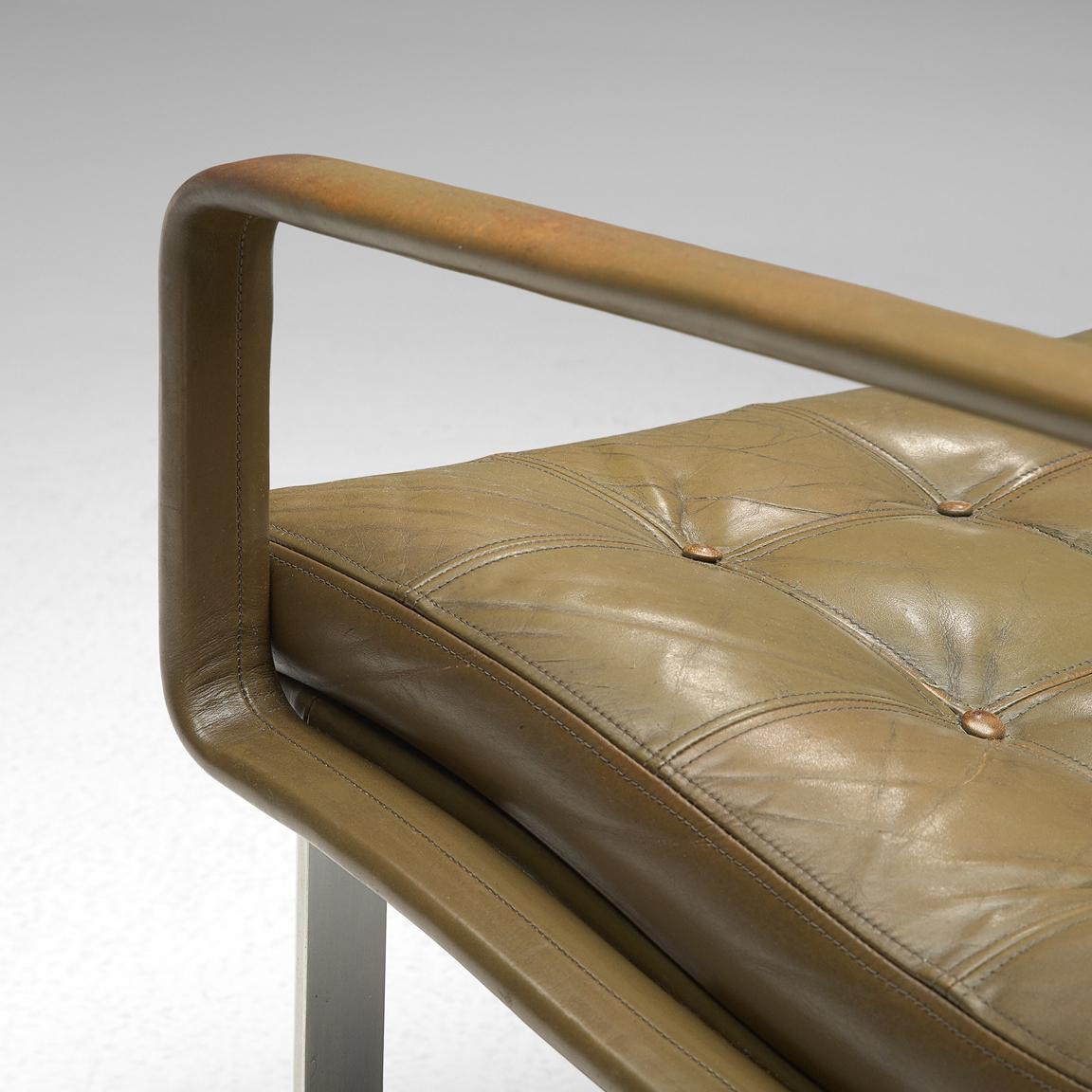 Scandinavian Modern Ole Gjerløv-Knudsen & Torben Lind Lounge Chair in Olive Green Leather Metal
