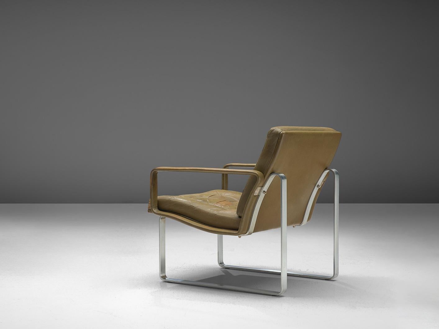 Danish Ole Gjerløv-Knudsen & Torben Lind Lounge Chair in Olive Green Leather Metal