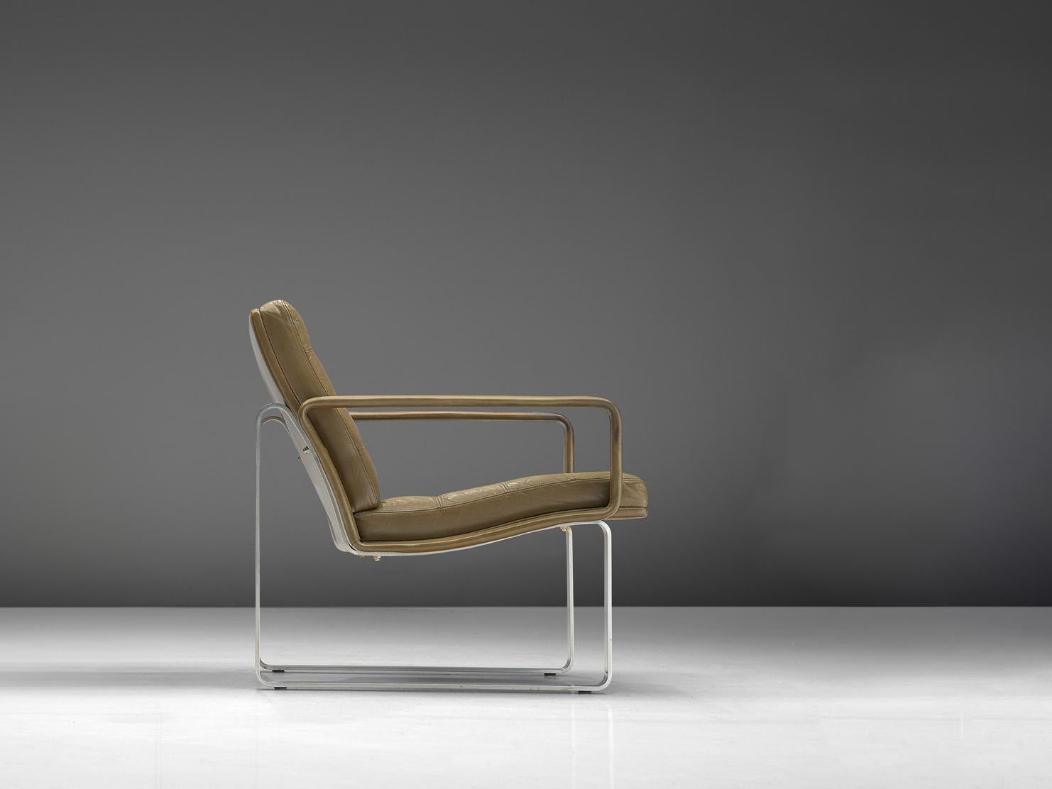 Ole Gjerløv-Knudsen & Torben Lind Lounge Chair in Olive Green Leather Metal 1