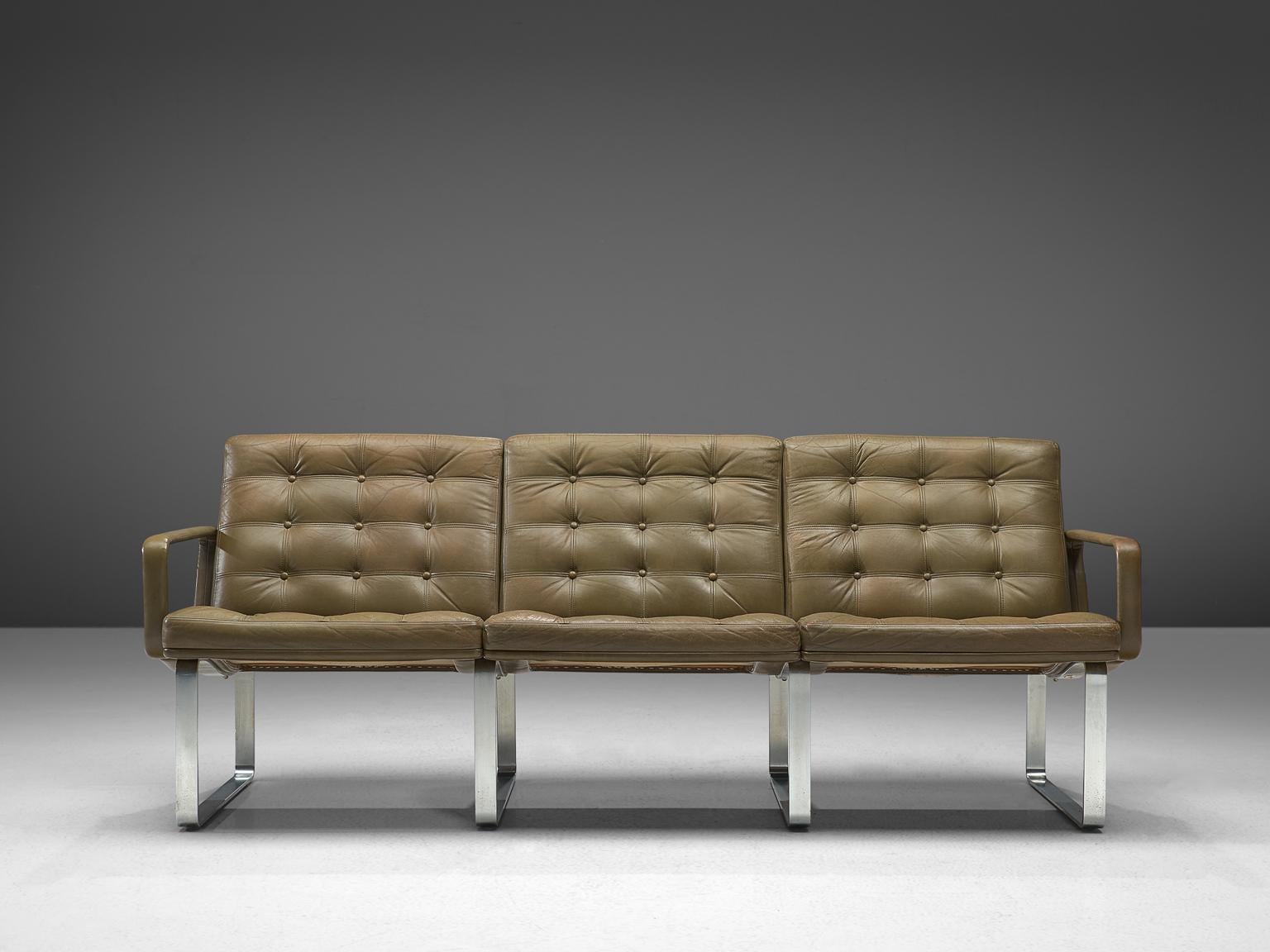 Ole Gjerløv-Knudsen & Torben Lind for France & Søn, three-seat sofa, teak and leather, Denmark, 1962 

Modern and beautiful colored modular sofa, designed by Ole Gjerløv-Knudsen & Torben Lind as part of the Moduline series in 1961. The steel frame