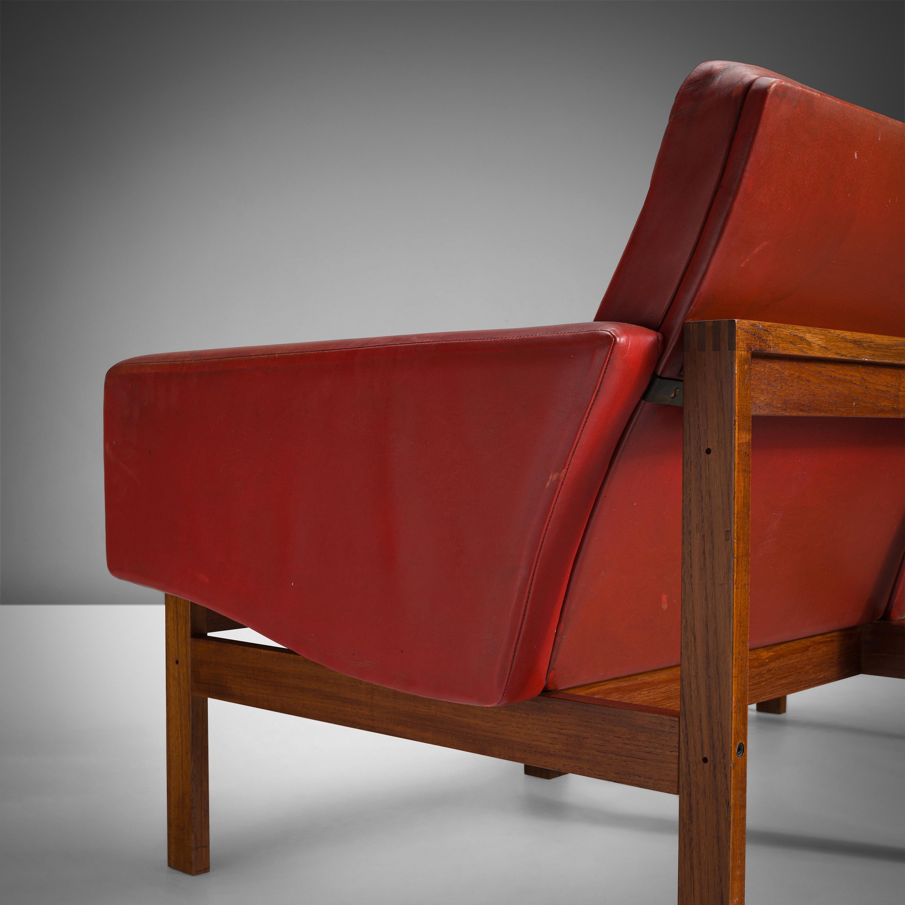 Scandinavian Modern Ole Gjerløv-Knudsen & Torben Lind Two Seater Sofa in Red Leather and Teak 