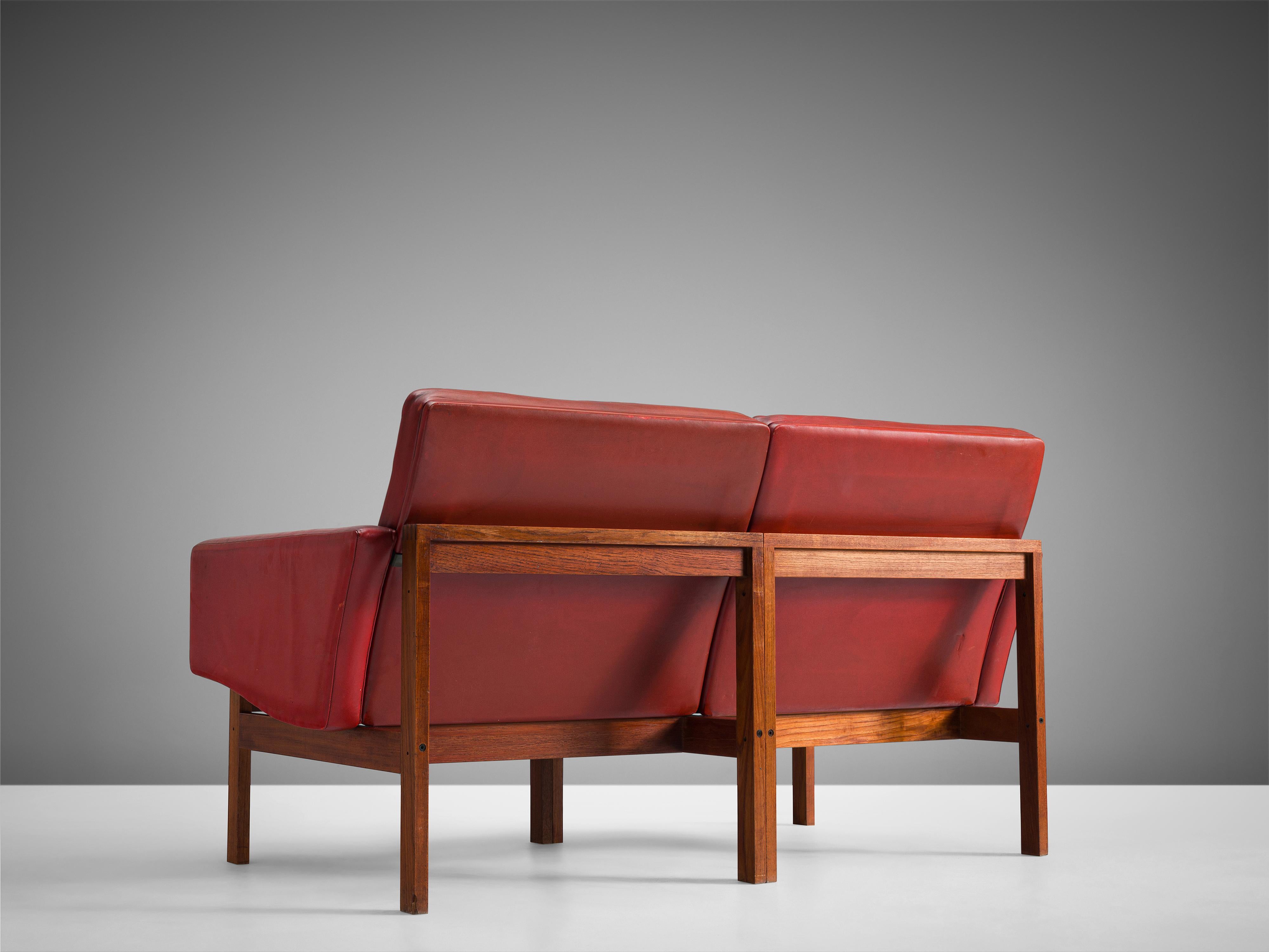 Danish Ole Gjerløv-Knudsen & Torben Lind Two Seater Sofa in Red Leather and Teak 