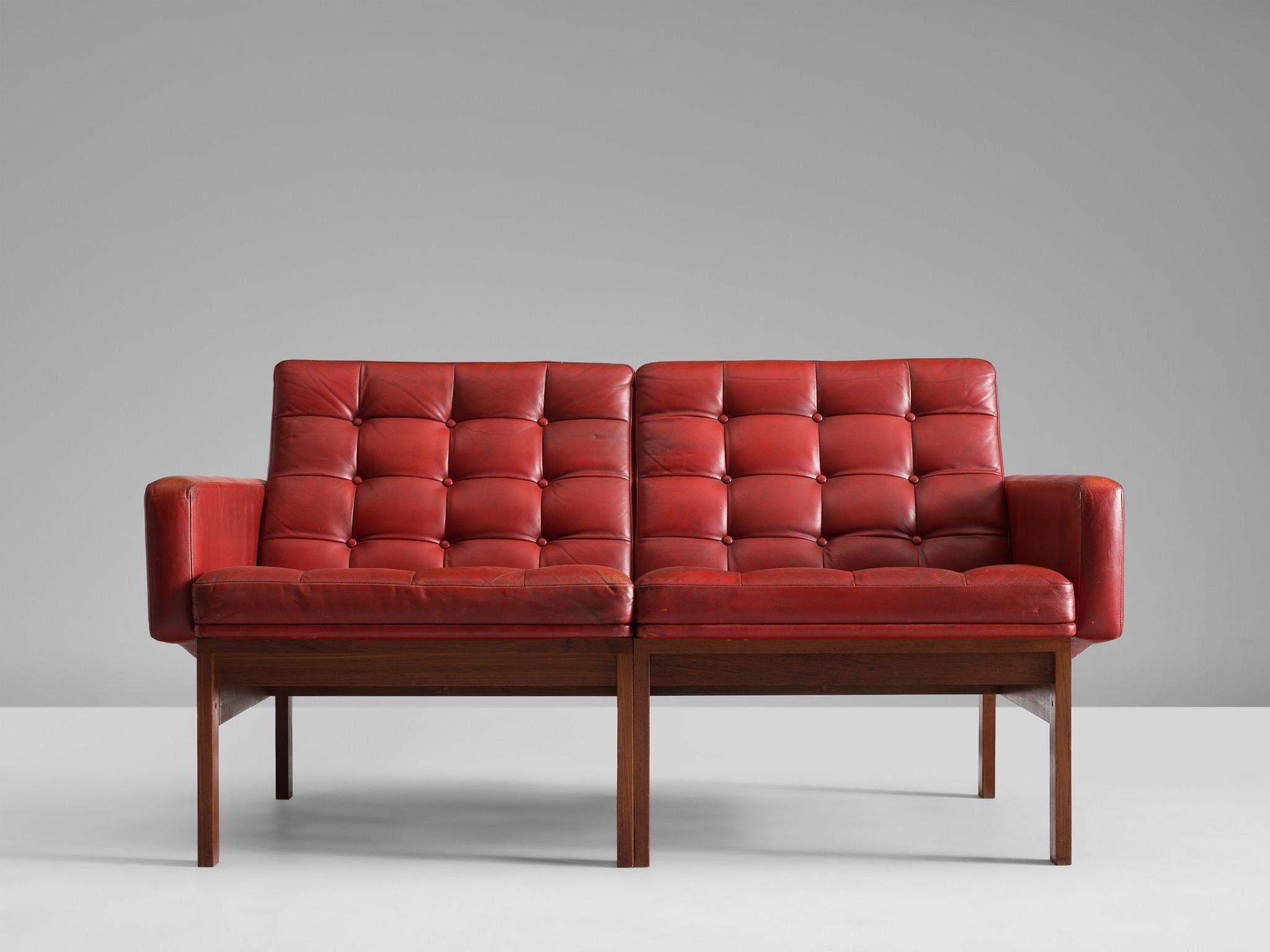 Scandinavian Modern Ole Gjerløv-Knudsen & Torben Lind Two Seater Sofa in Red Leather and Teak  For Sale